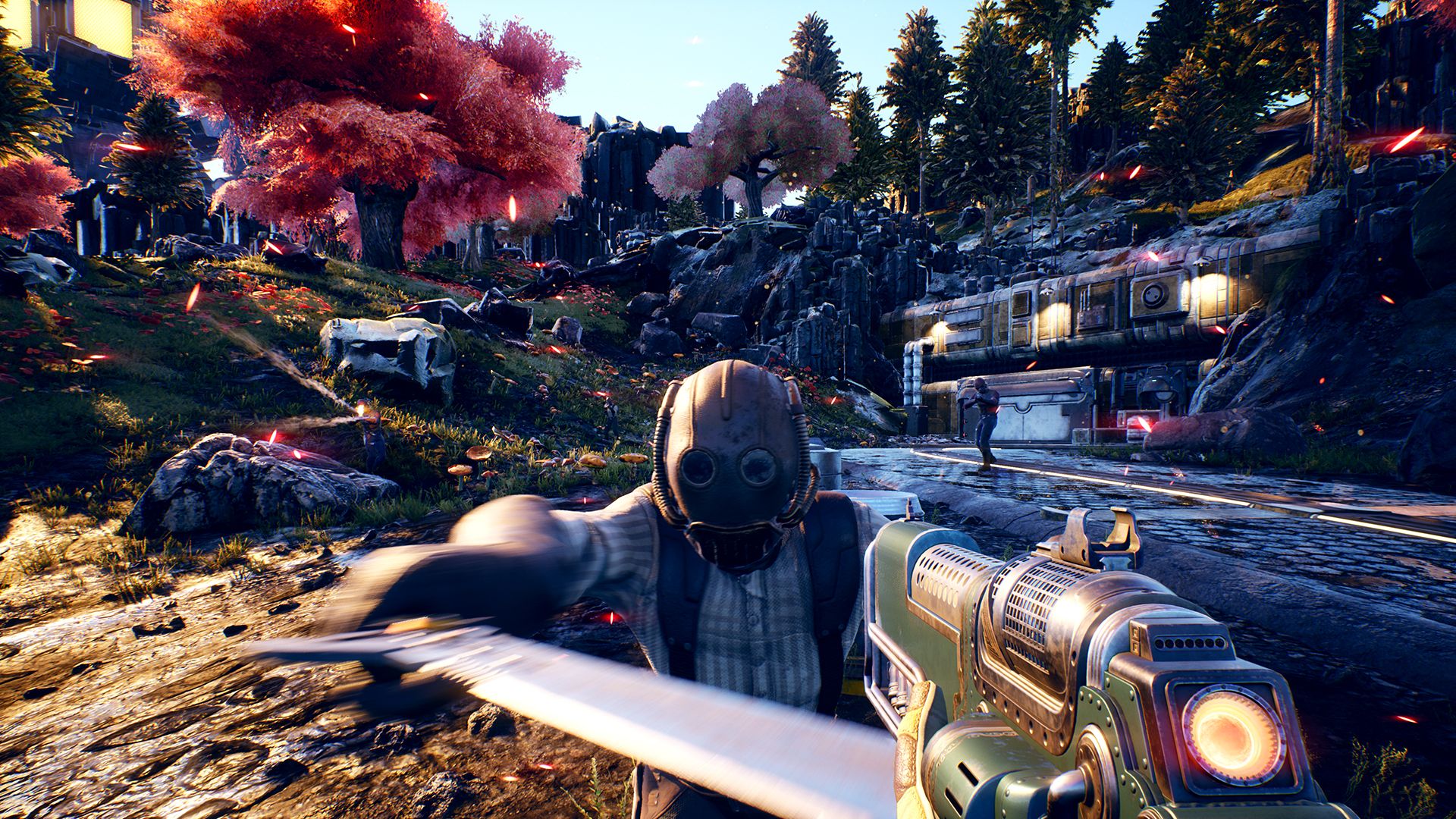 First-person combat in a colorful outdoor area shows a weapon aimed at a nearby target.