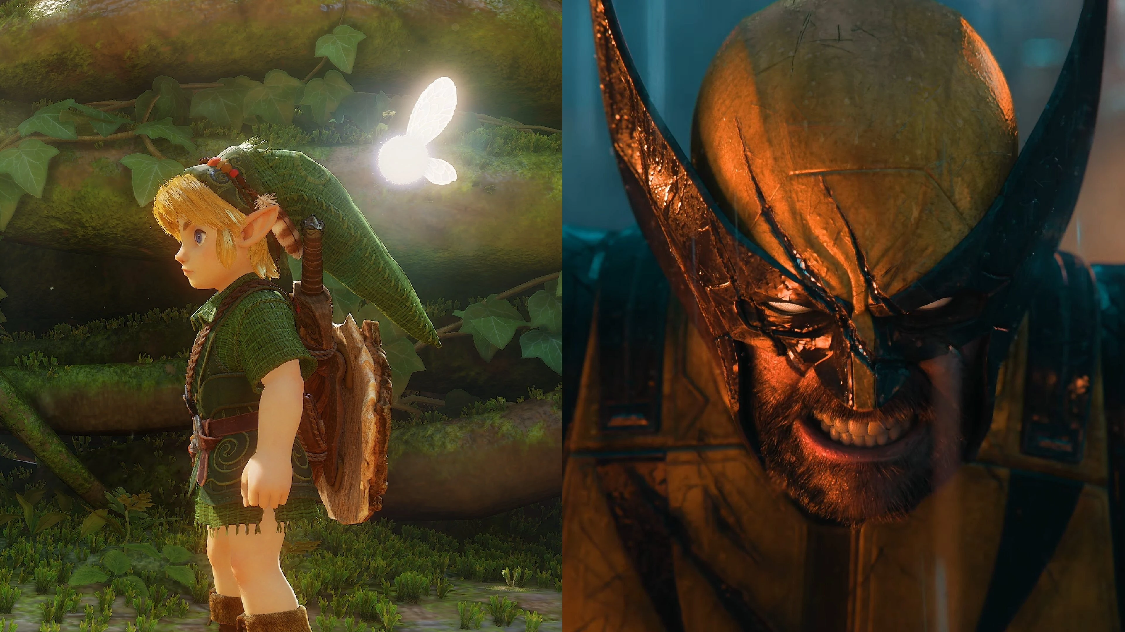Young Link in the Ocarina of Time remake beside Wolverine in his yellow-and-black suit.