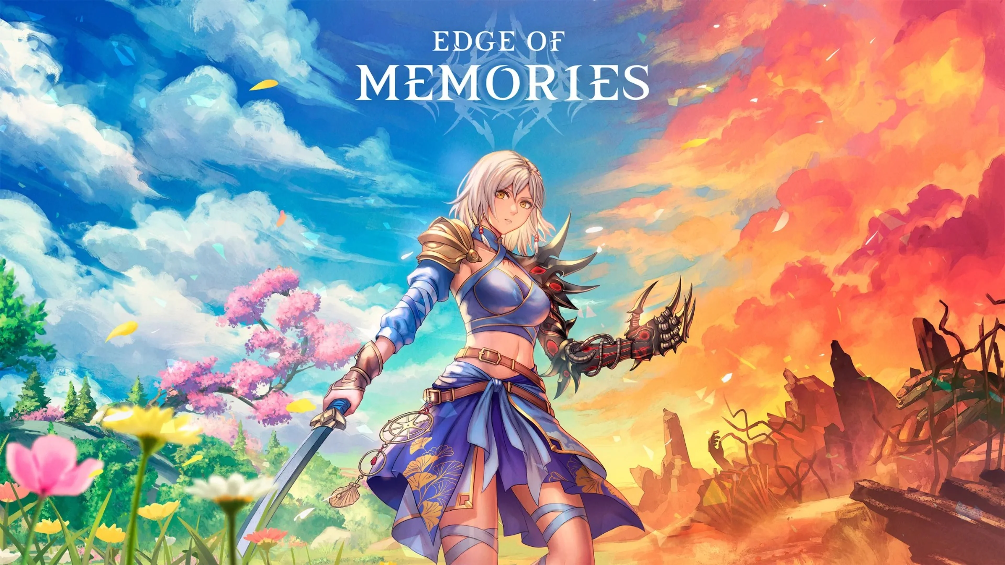 Eline stands between a green landscape and an orange wasteland beneath the Edge of Memories logo.