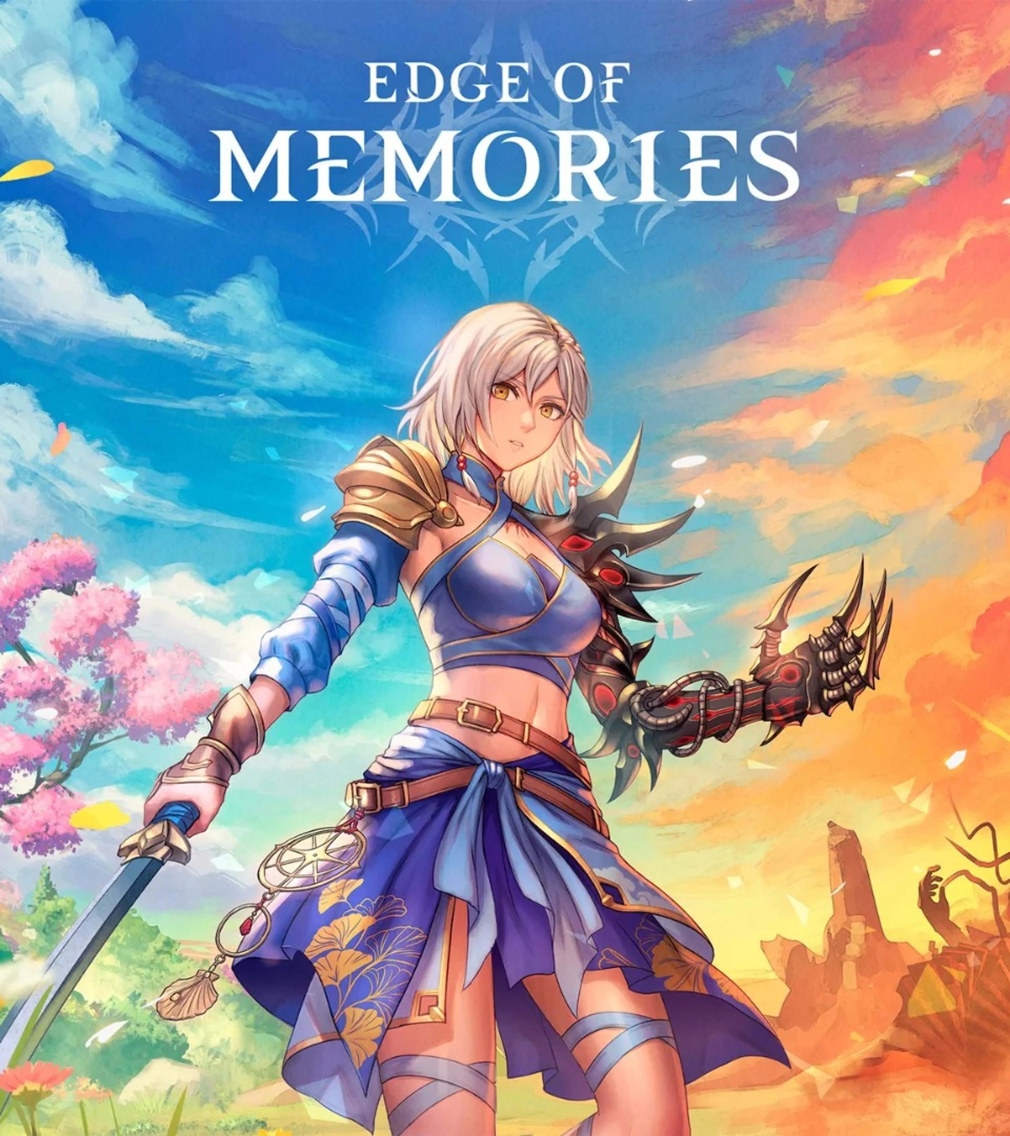 Eline stands between a green landscape and an orange wasteland beneath the Edge of Memories logo.