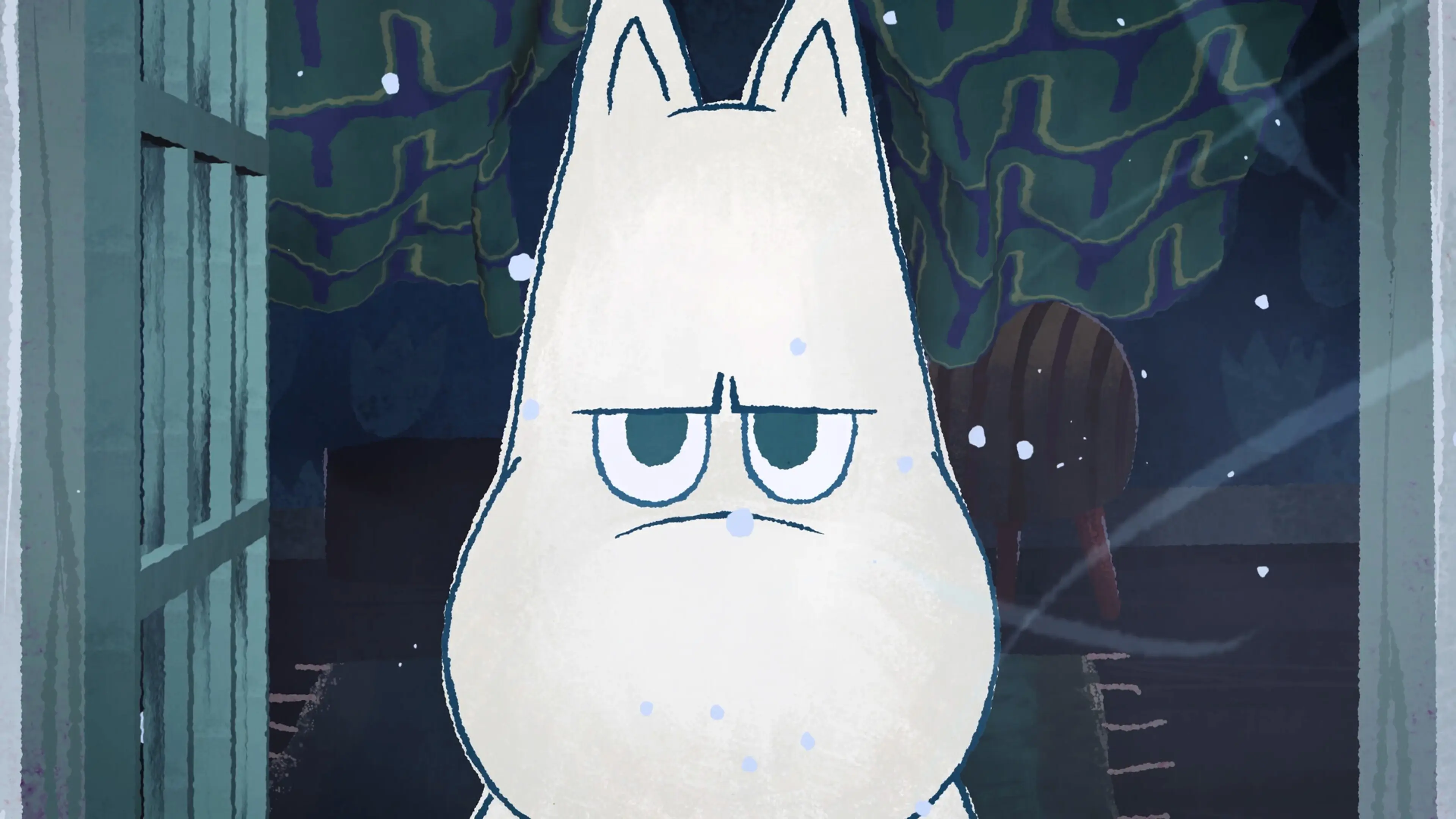 Moomintroll looks out from a dark snowy doorway in a sharp game screenshot.