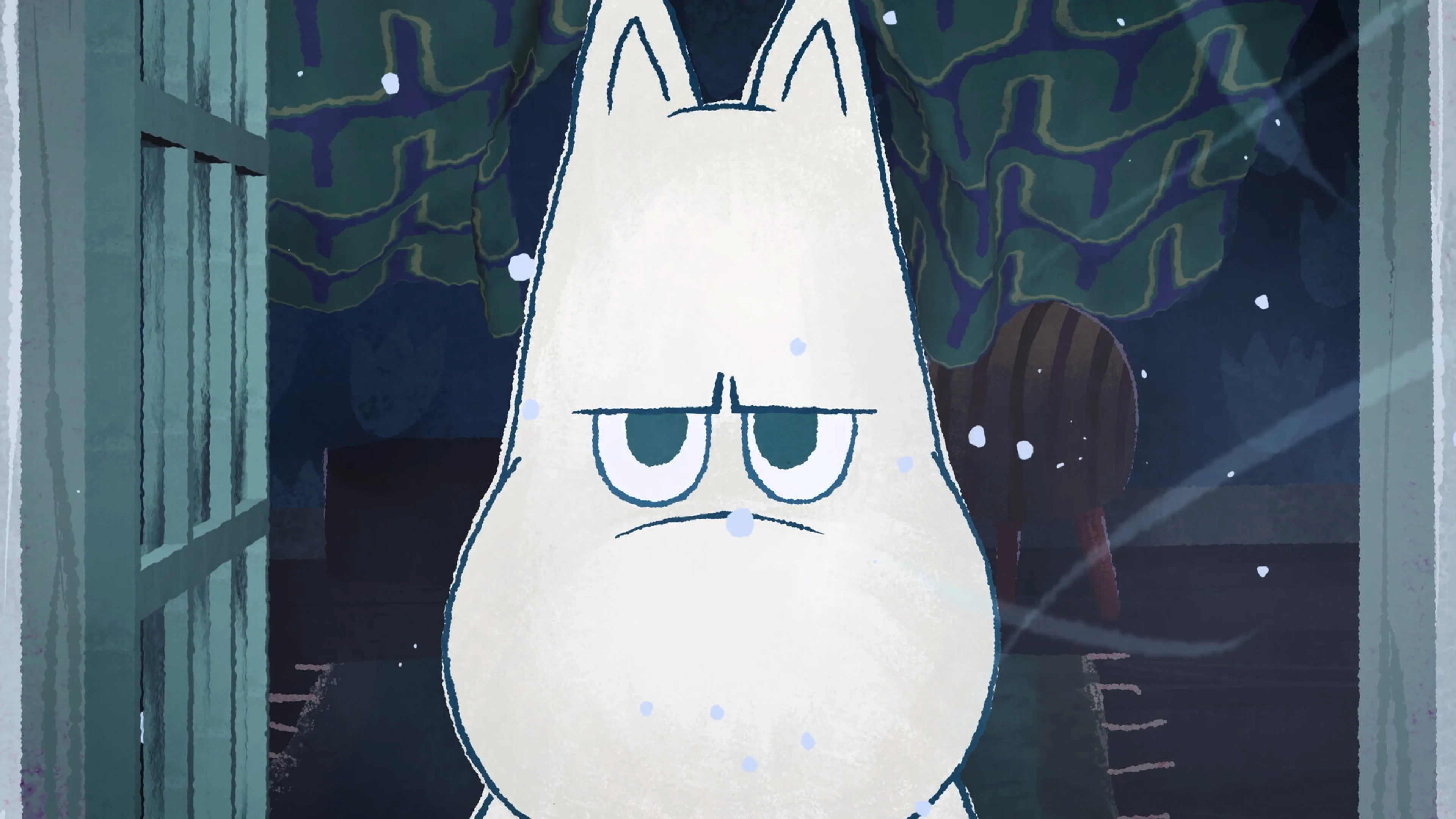 Moomintroll looks out from a dark snowy doorway in a sharp game screenshot.