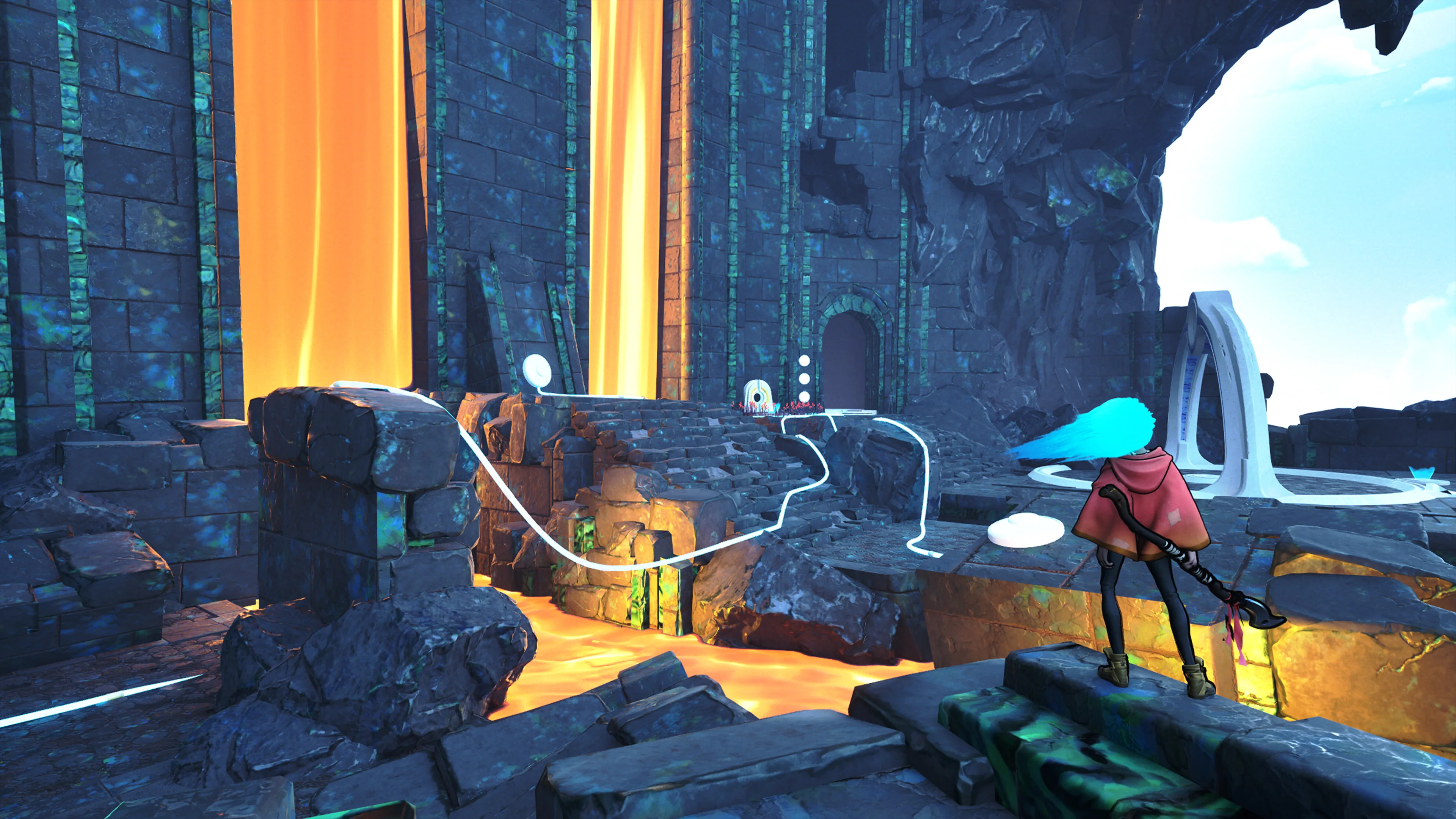 A lava-filled area in Fading Echo shows an elemental environmental puzzle.