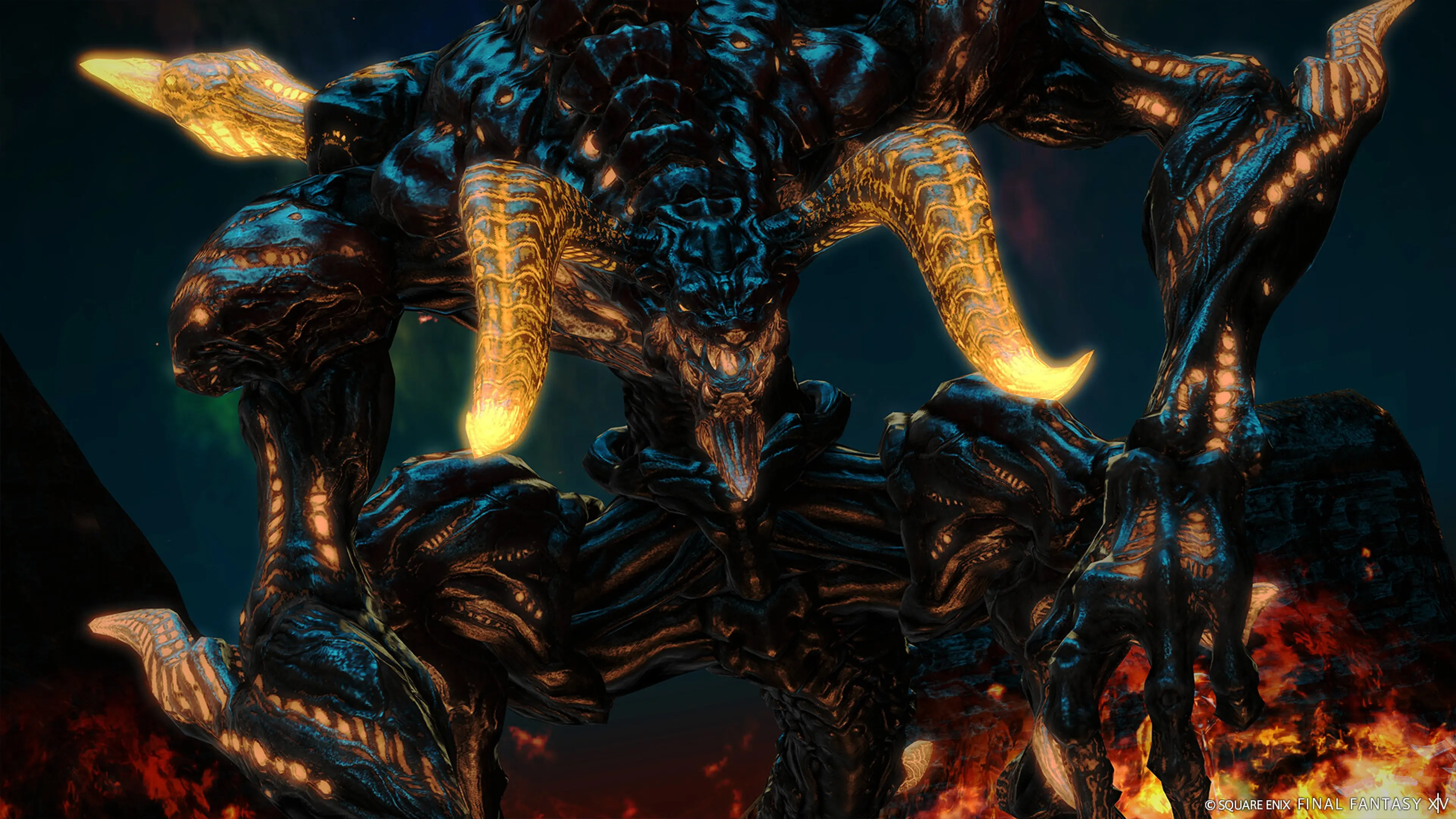 A horned creature glows with fire in Final Fantasy XIV.