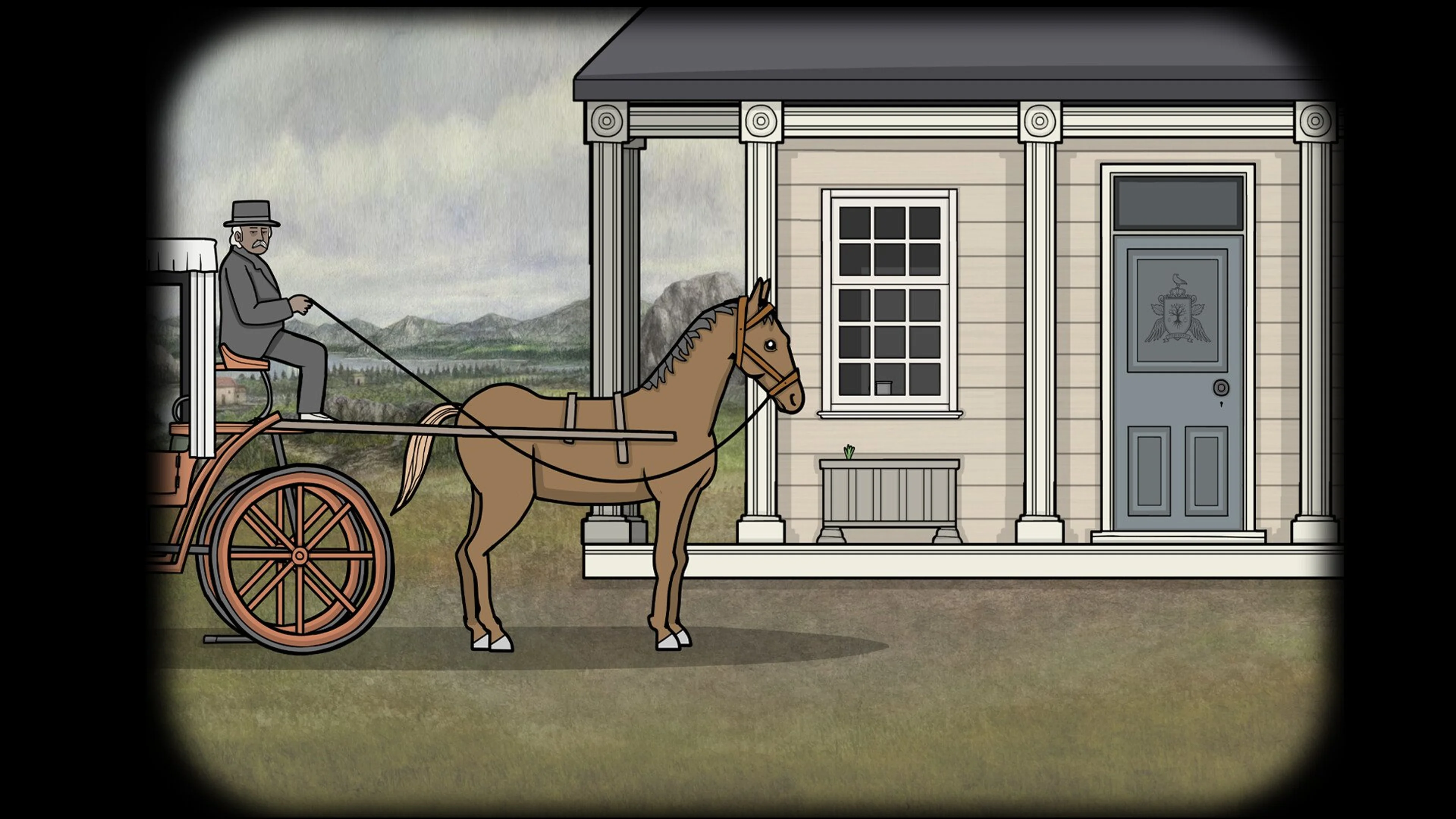 A coach arriving outside the Vanderboom estate in Servant of the Lake