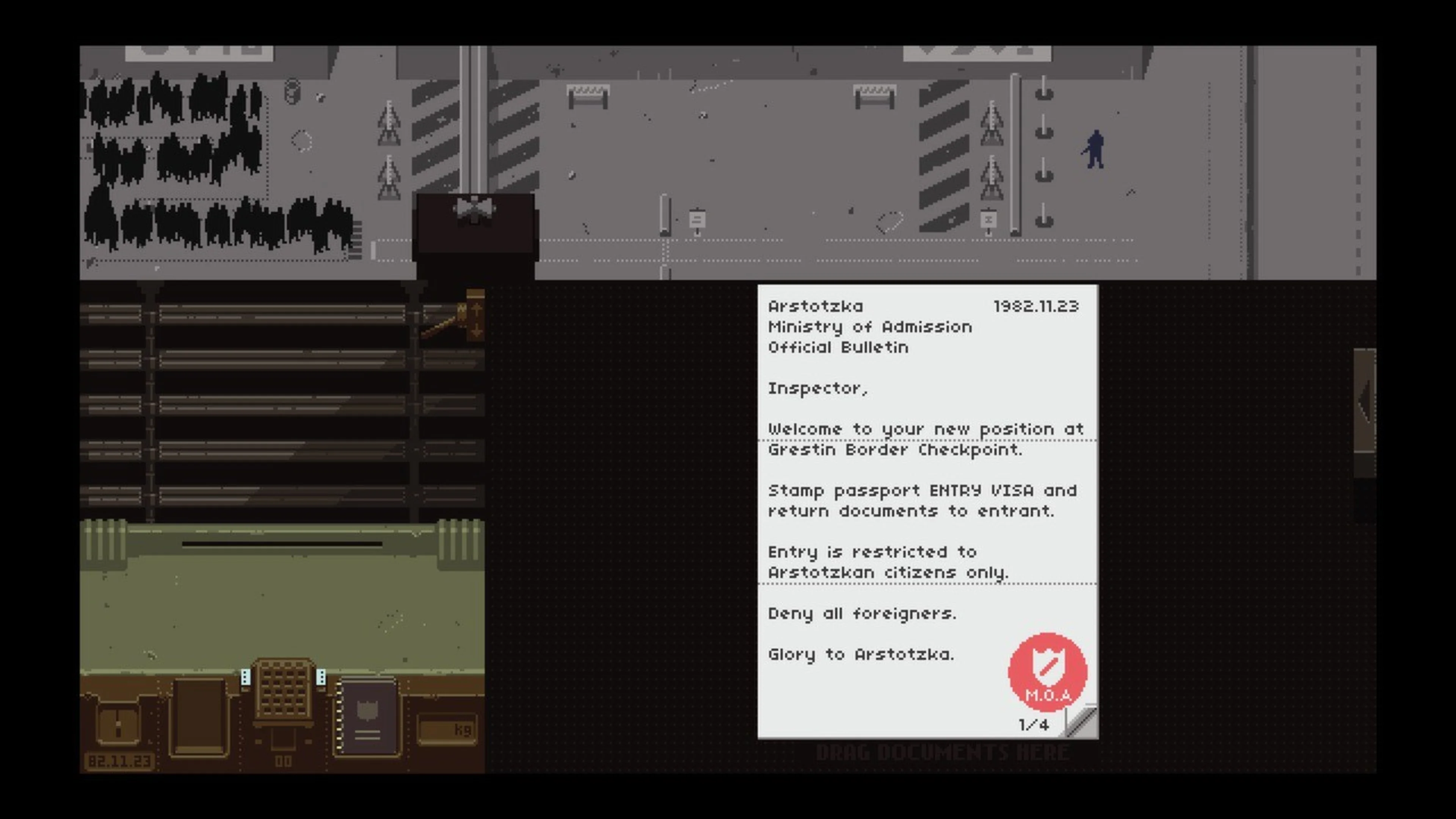 Official gameplay screenshot of the day-one bulletin dated 1982.11.23 on the right side of the desk; the queue is along the upper left of the screen.