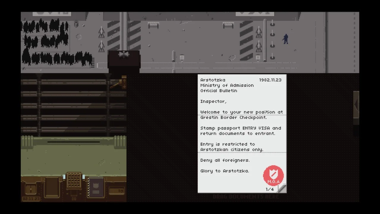 Official gameplay screenshot of the day-one bulletin dated 1982.11.23 on the right side of the desk; the queue is along the upper left of the screen.