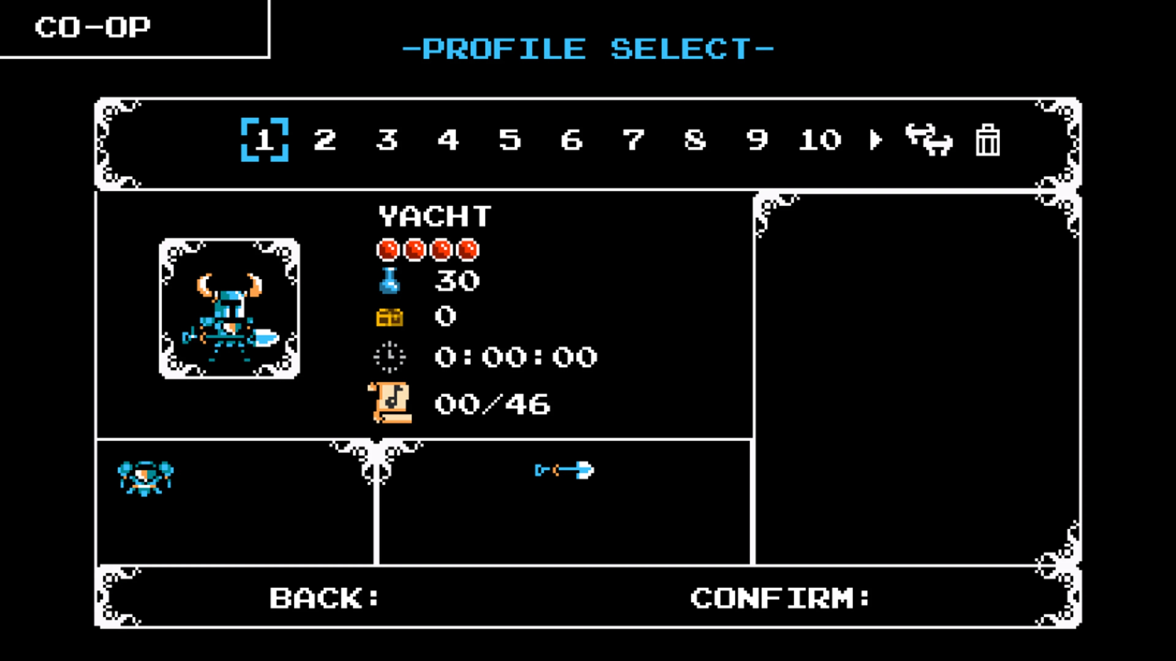Official Shovel of Hope profile-select screen with numbered slots across the top, slot one highlighted in blue and example character details below.
