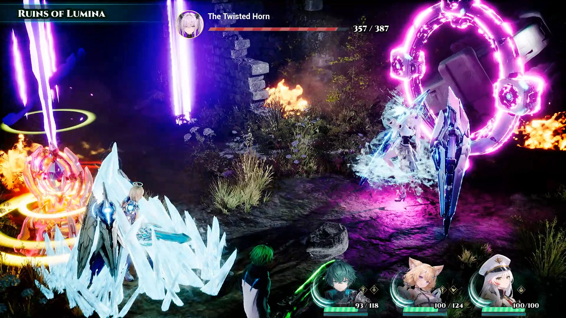 Ice and glowing energy surround enemies during a Kaelis battle.