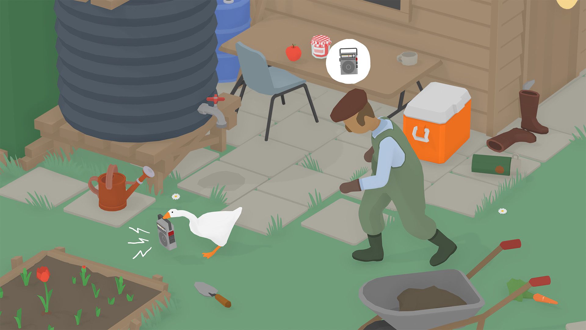 The goose runs off with a radio while the gardener follows in a vegetable garden.