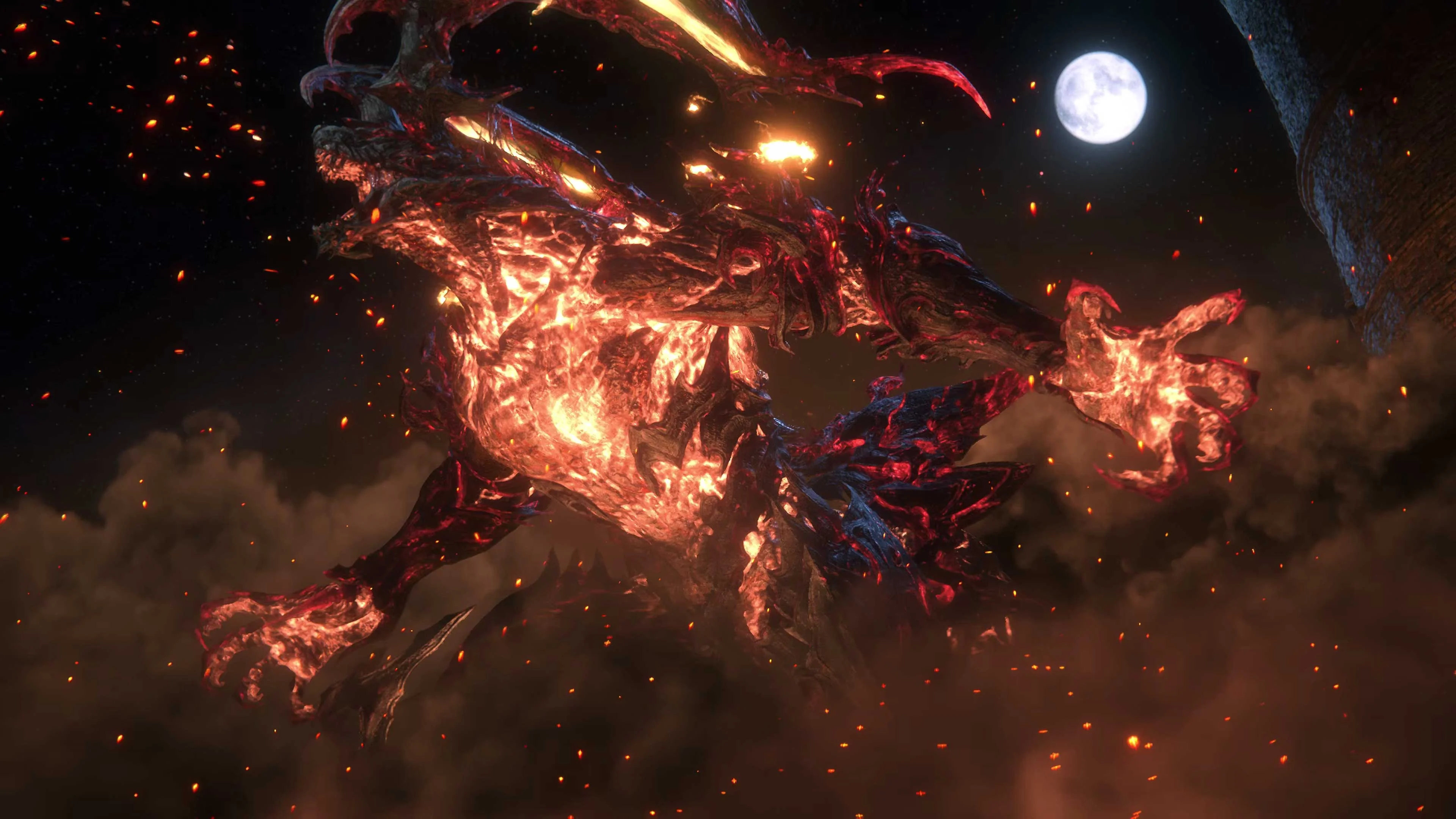 A fiery Eikon looms beneath the moon in an official Final Fantasy XVI image from Square Enix.