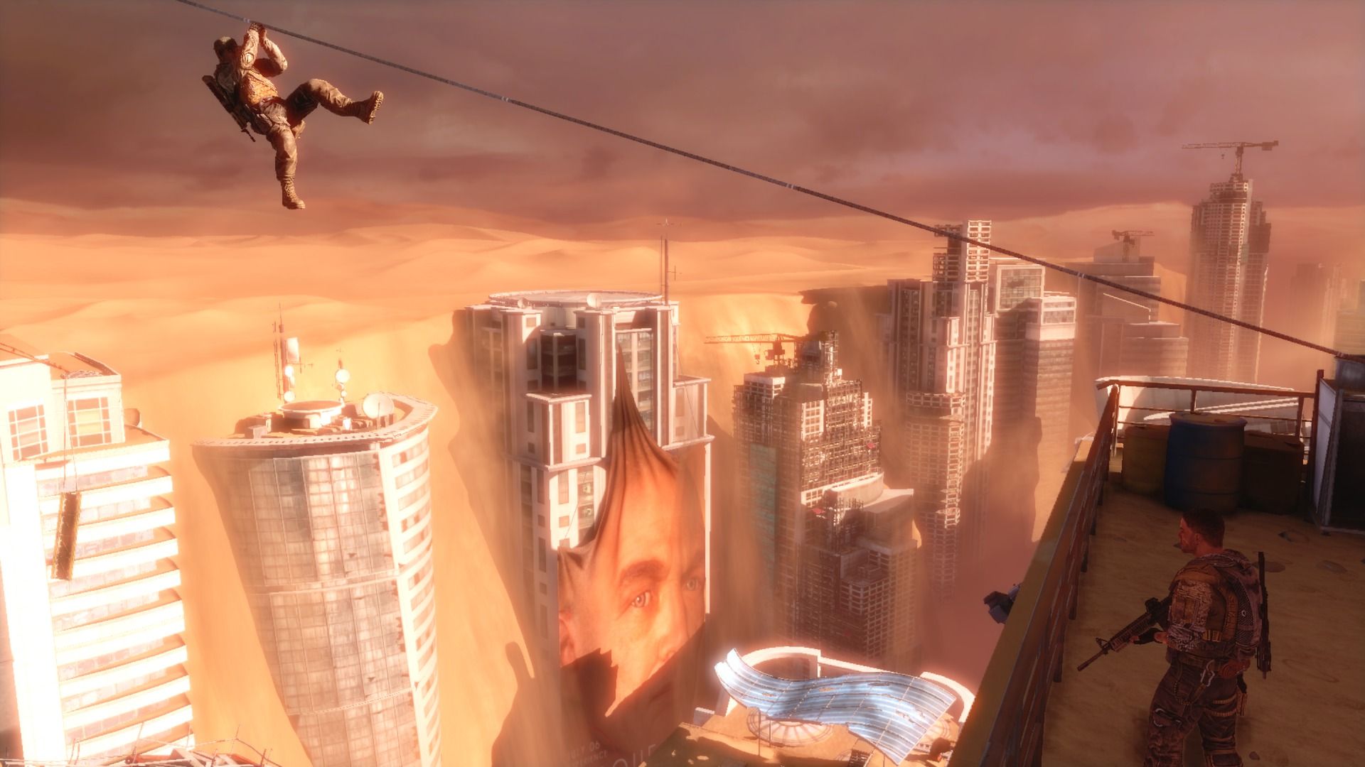 Soldiers move along a suspended crossing high over damaged buildings in Spec Ops: The Line.