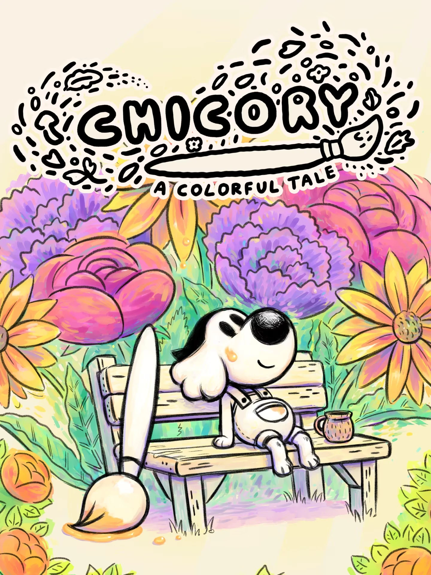 Official Chicory: A Colorful Tale cover with the painting dog, flowers and native game title.