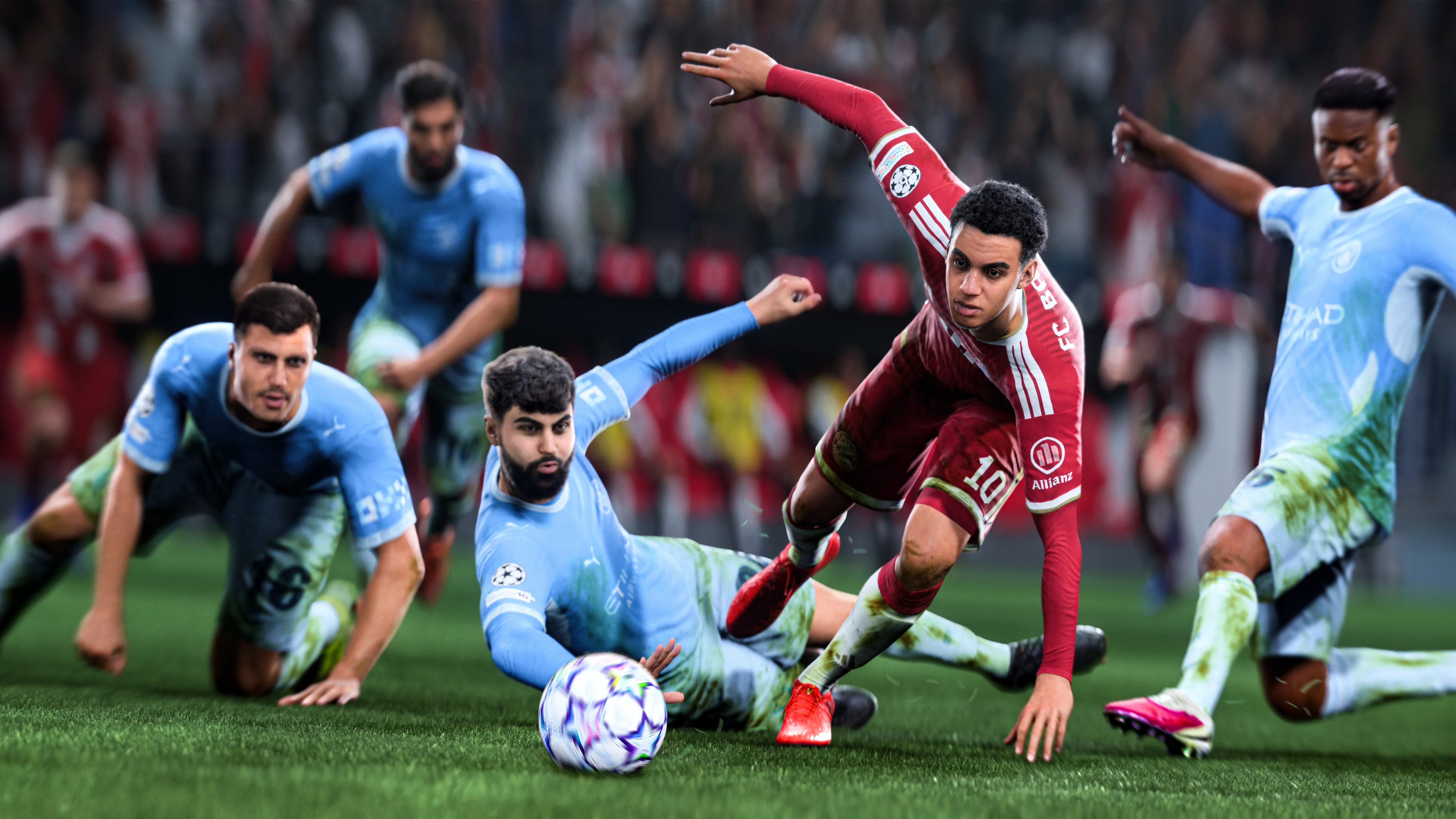 Jamal Musiala controlling the ball while several defenders close him down in EA Sports FC 27
