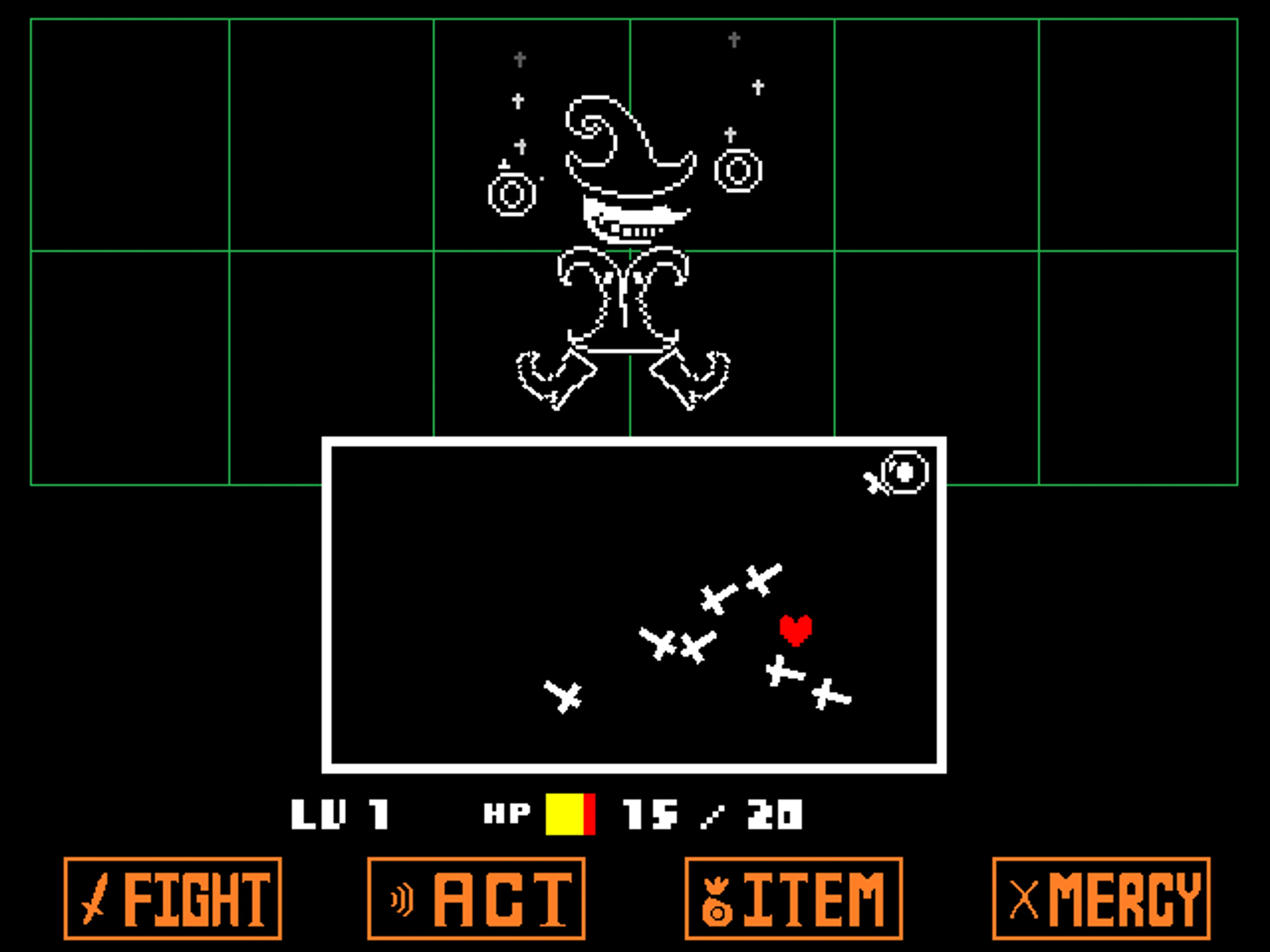 Official Undertale screenshot showing a red heart between several white cross-shaped projectiles in a rectangular battle box.
