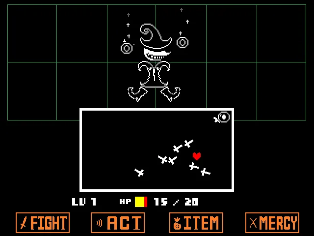 Official Undertale screenshot showing a red heart between several white cross-shaped projectiles in a rectangular battle box.