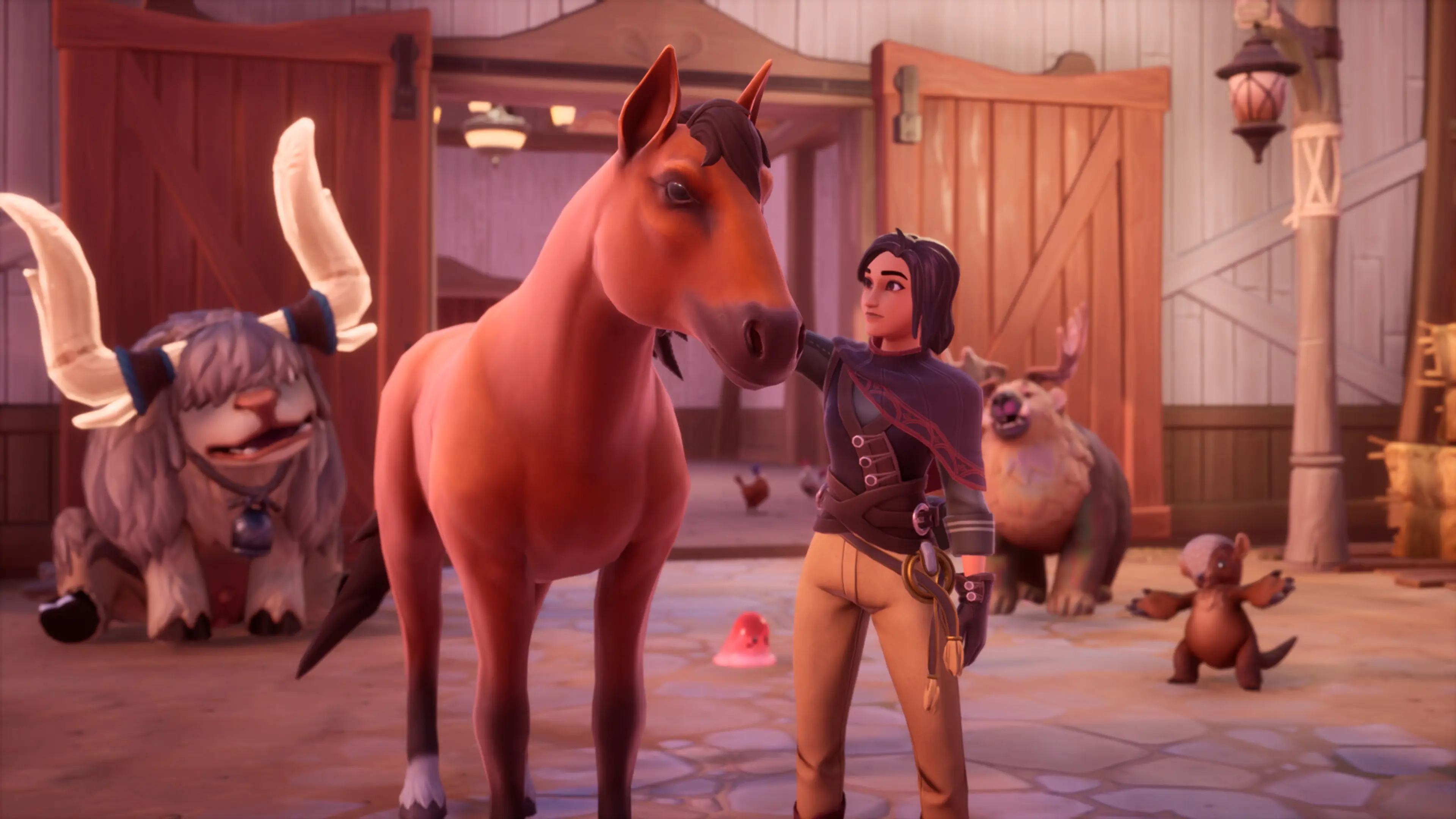 A Palia player caring for a horse in a stable.