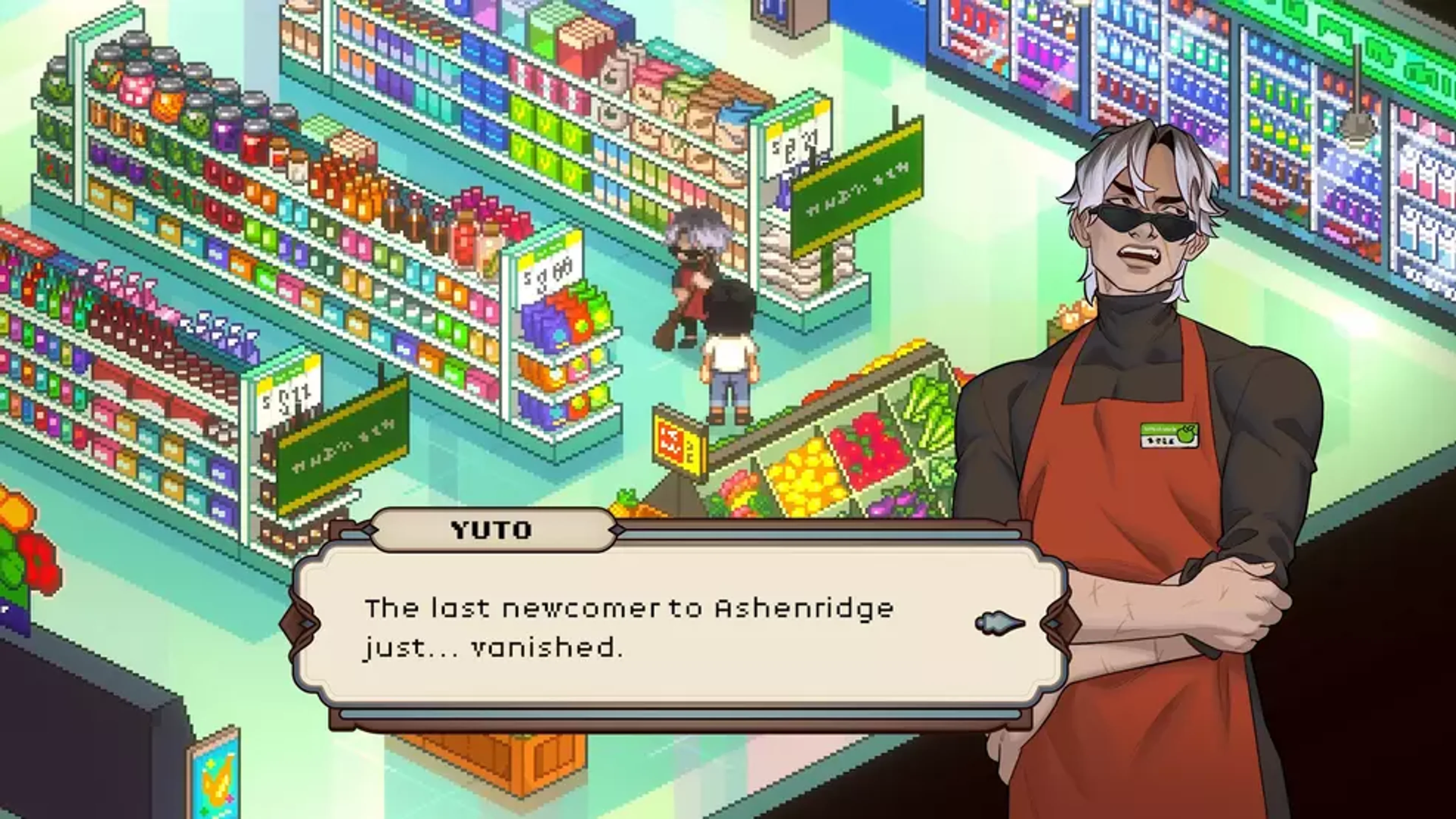 Yuto speaking to the player inside a store in Grave Seasons