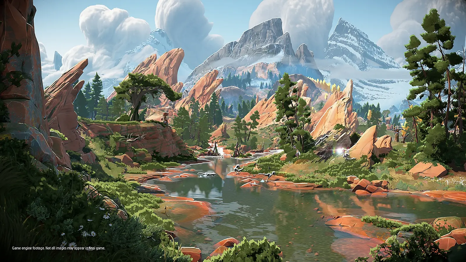 Three Horizon Hunters Gathering characters fighting a machine in an official gameplay image.