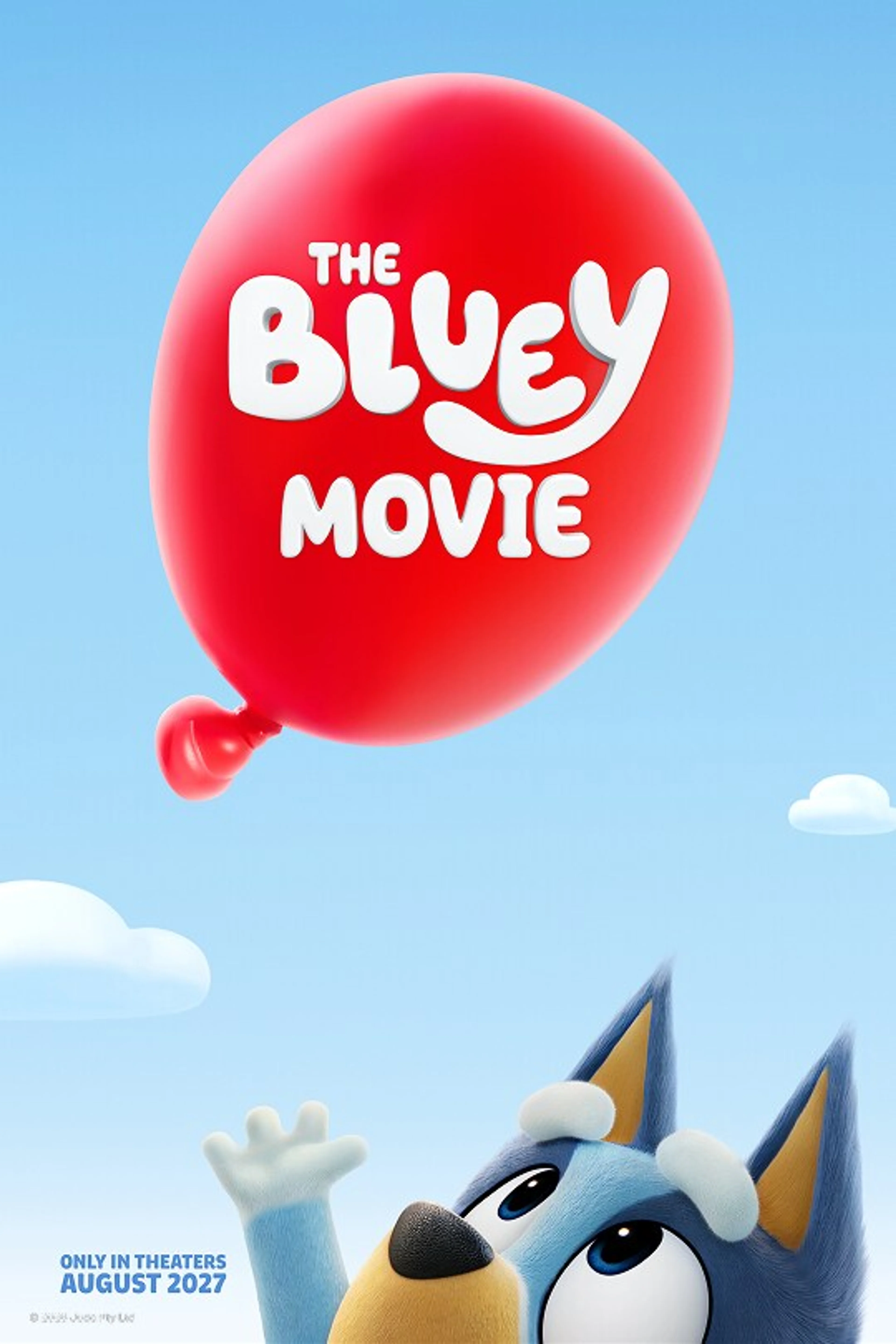 A red balloon carries The Bluey Movie logo above Bluey in official poster artwork.