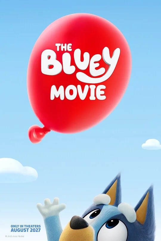 A red balloon carries The Bluey Movie logo above Bluey in official poster artwork.