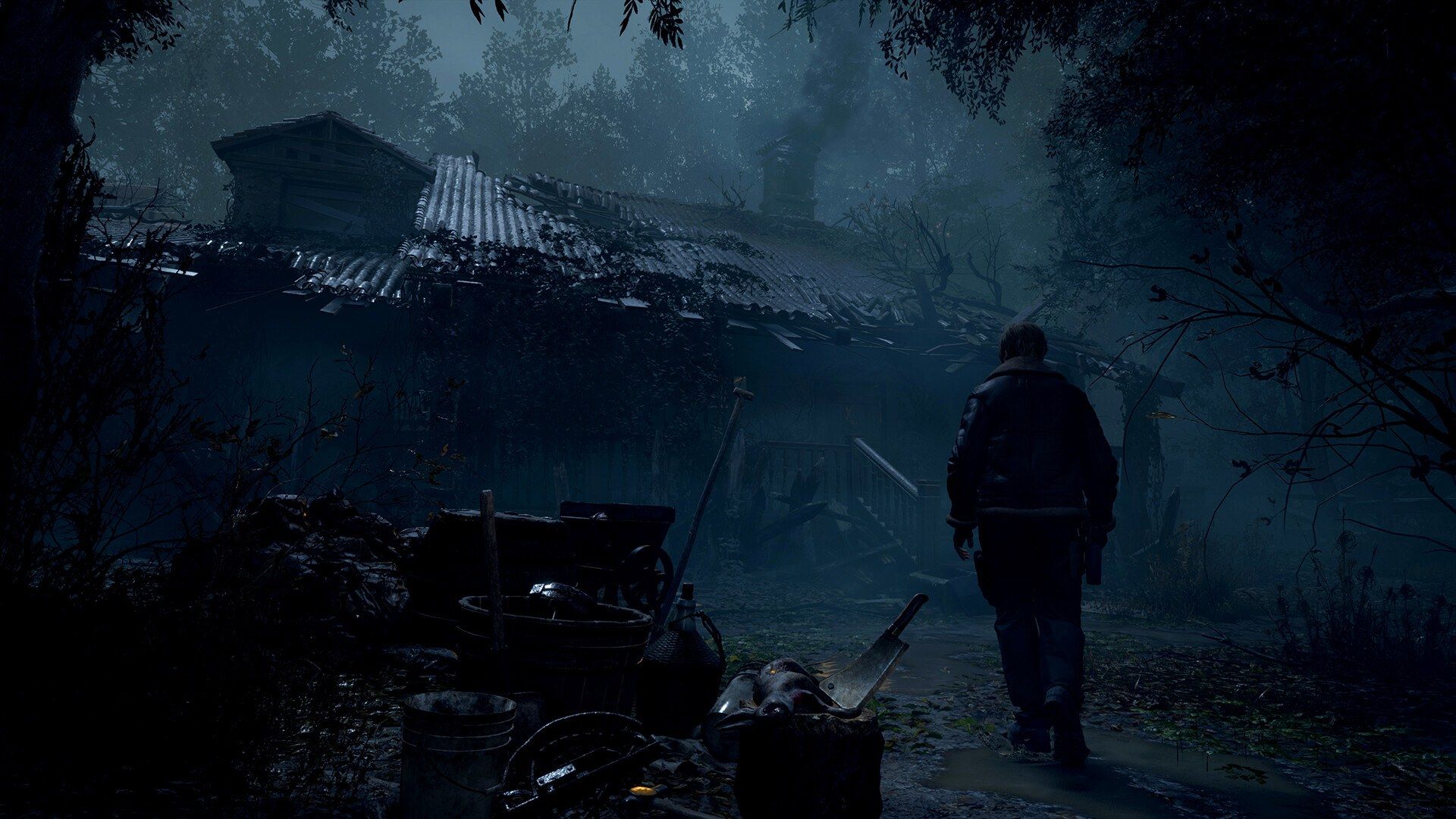 Leon approaches a gloomy village building.
