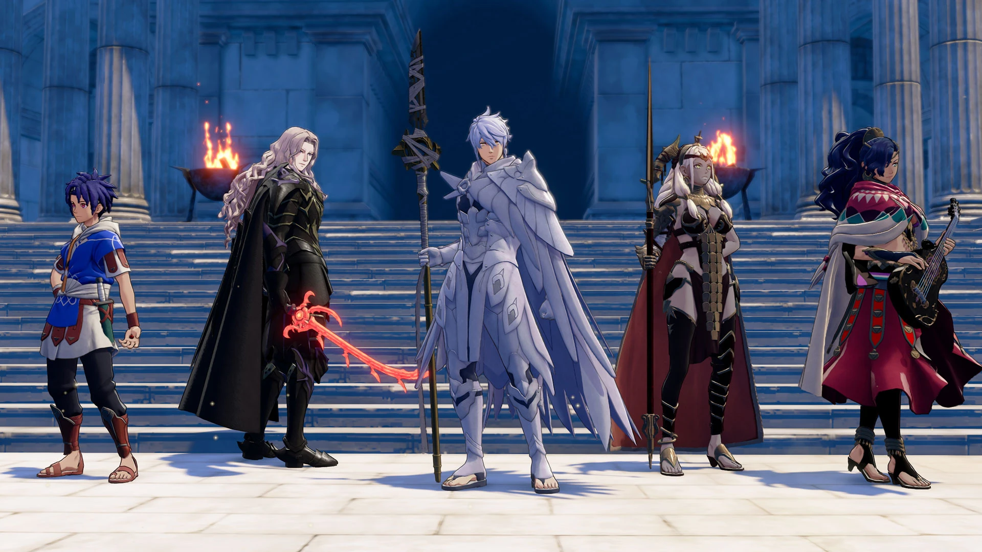 Cai, Dietrich, Eshmel, Theodora and Leda stand together inside a temple.