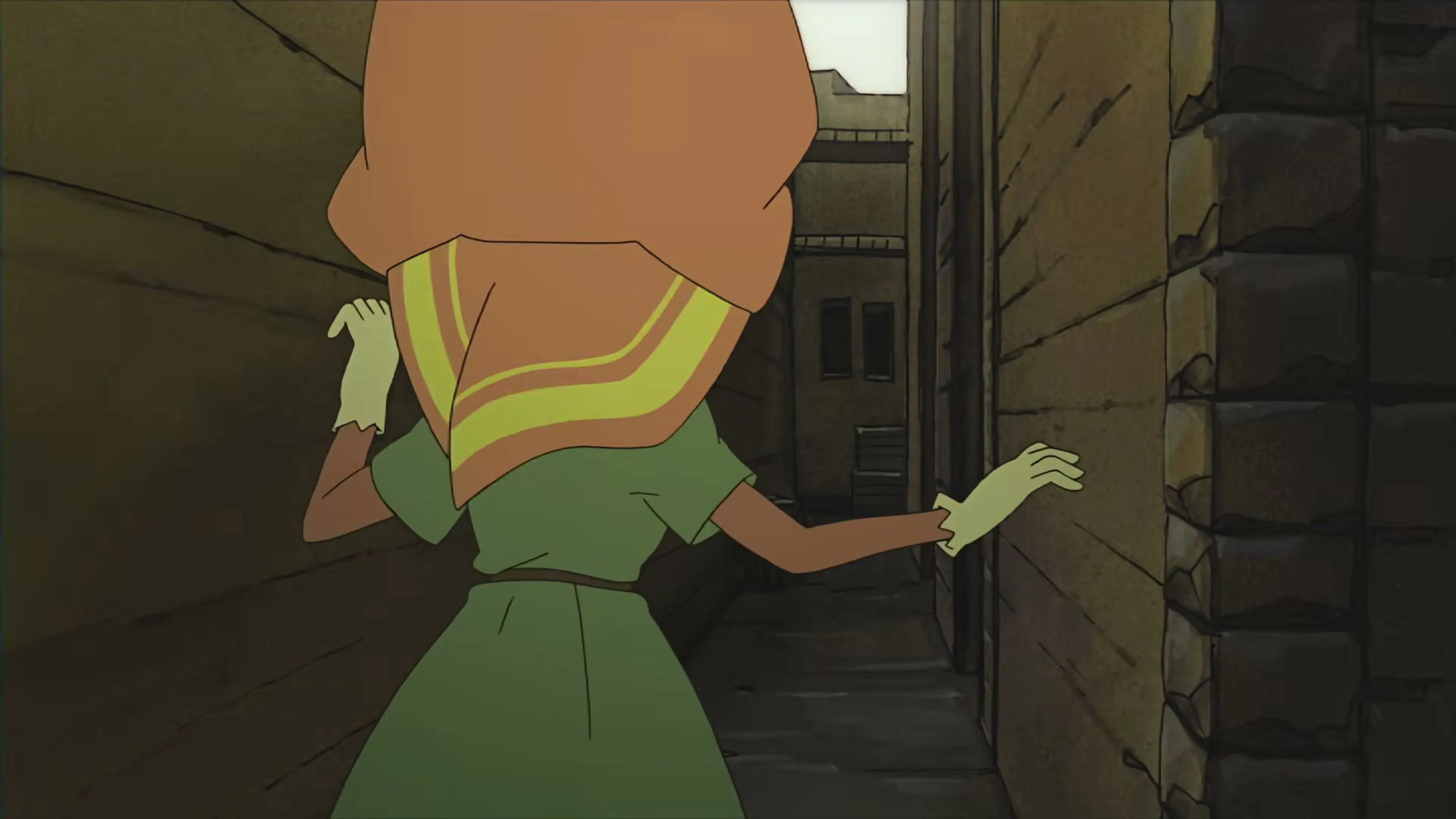 A hooded figure walks through a narrow stone alley at night.