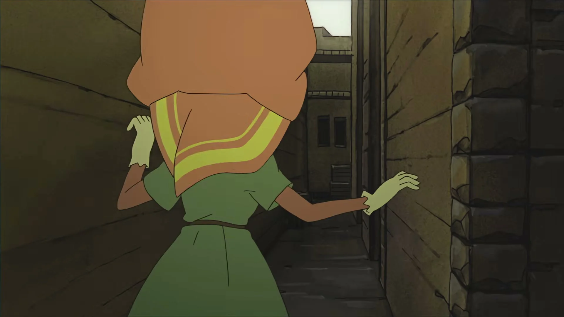 A hooded figure walks through a narrow stone alley at night.