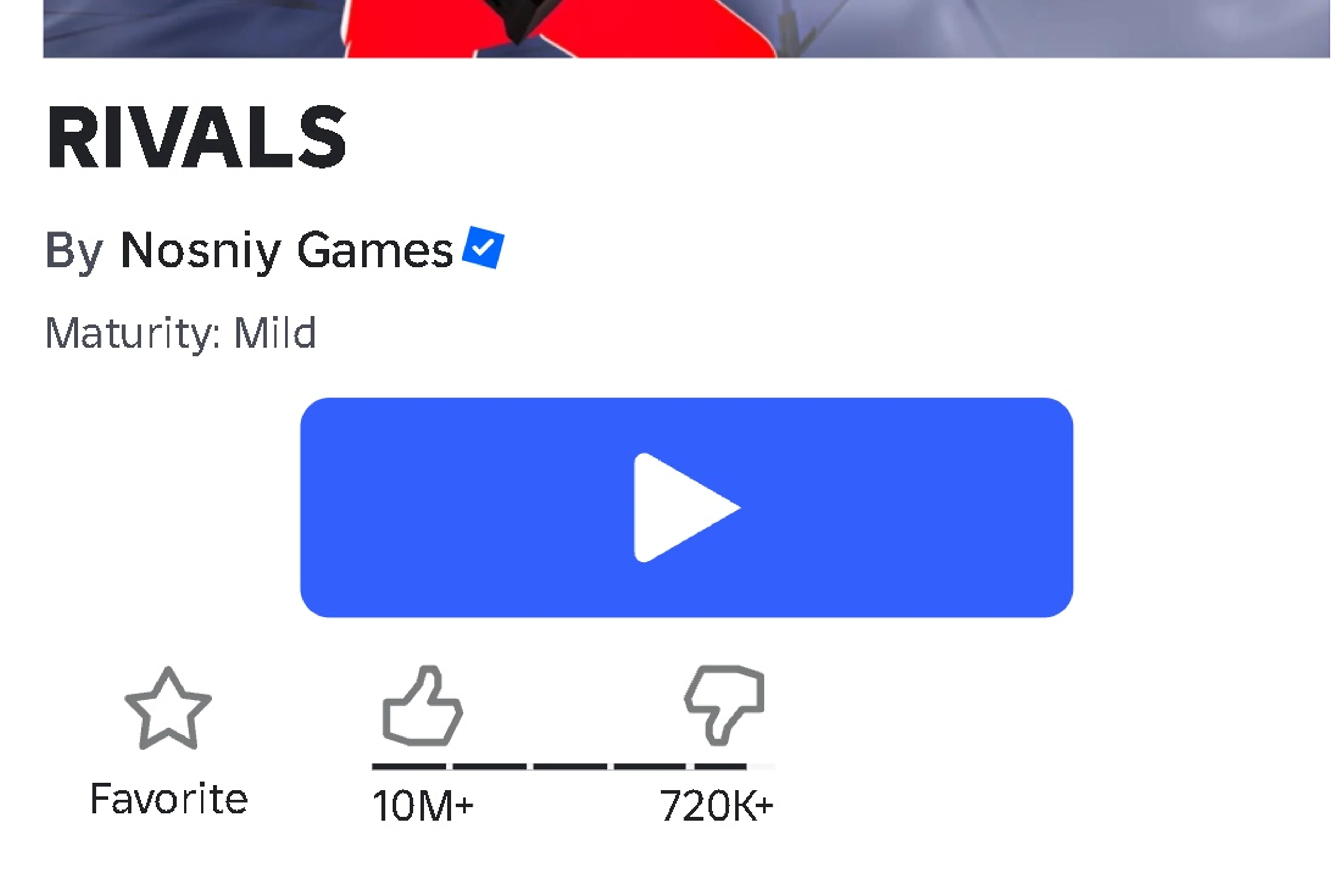 Real RIVALS Roblox webpage showing By Nosniy Games immediately below RIVALS and above the blue Play button.