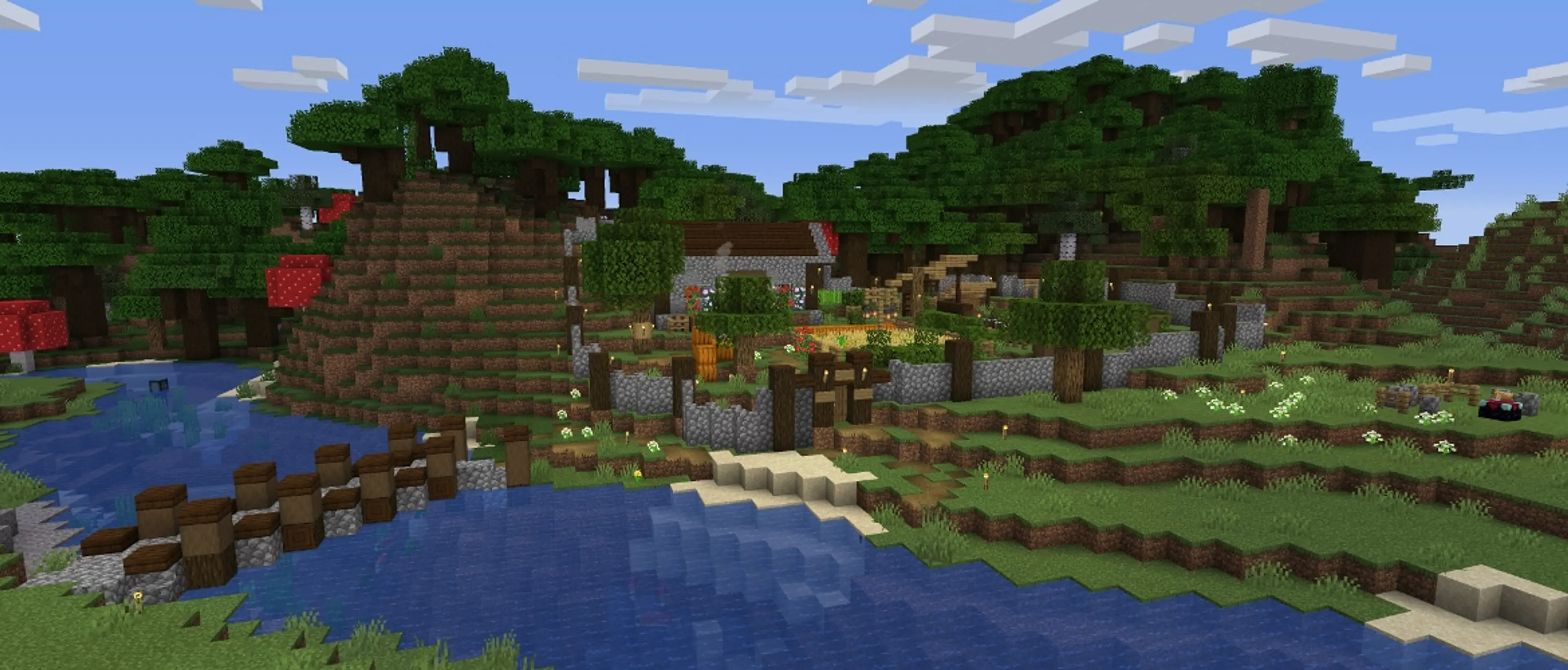 A wide Minecraft survival base scene used for a villager trading guide.