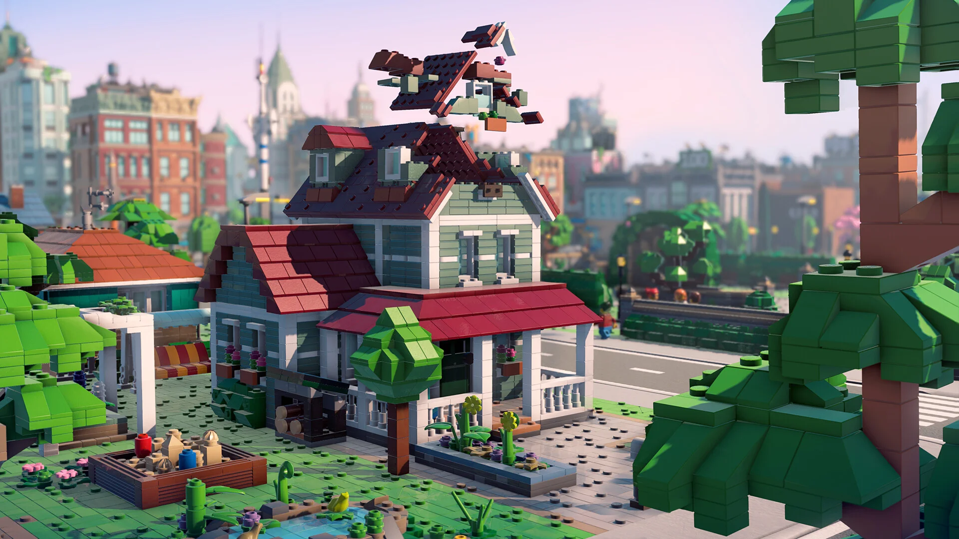A detailed customizable LEGO house in front of a larger LEGO Skylines city