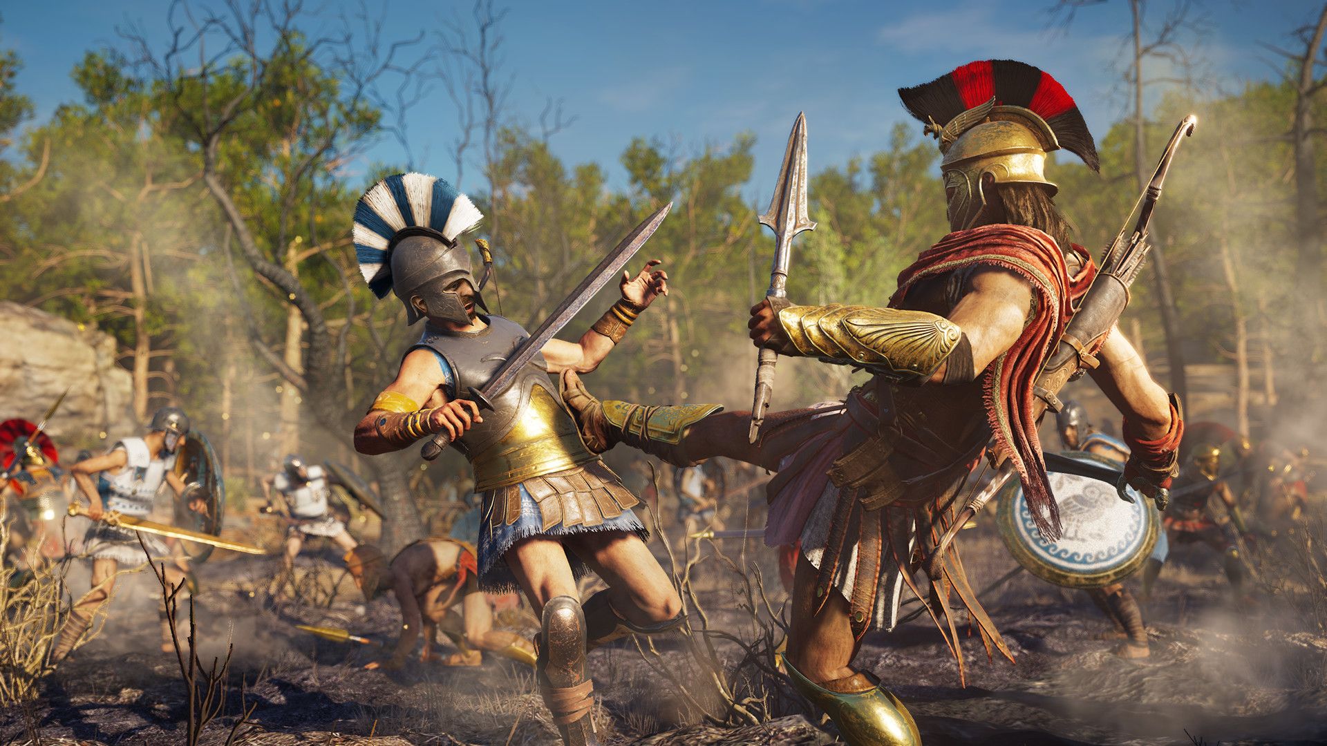 Armoured Greek soldiers clash with swords and spears on a battlefield.
