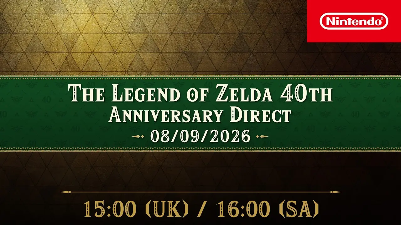 Link stands before the gold Zelda 40th anniversary emblem in the official Direct artwork.