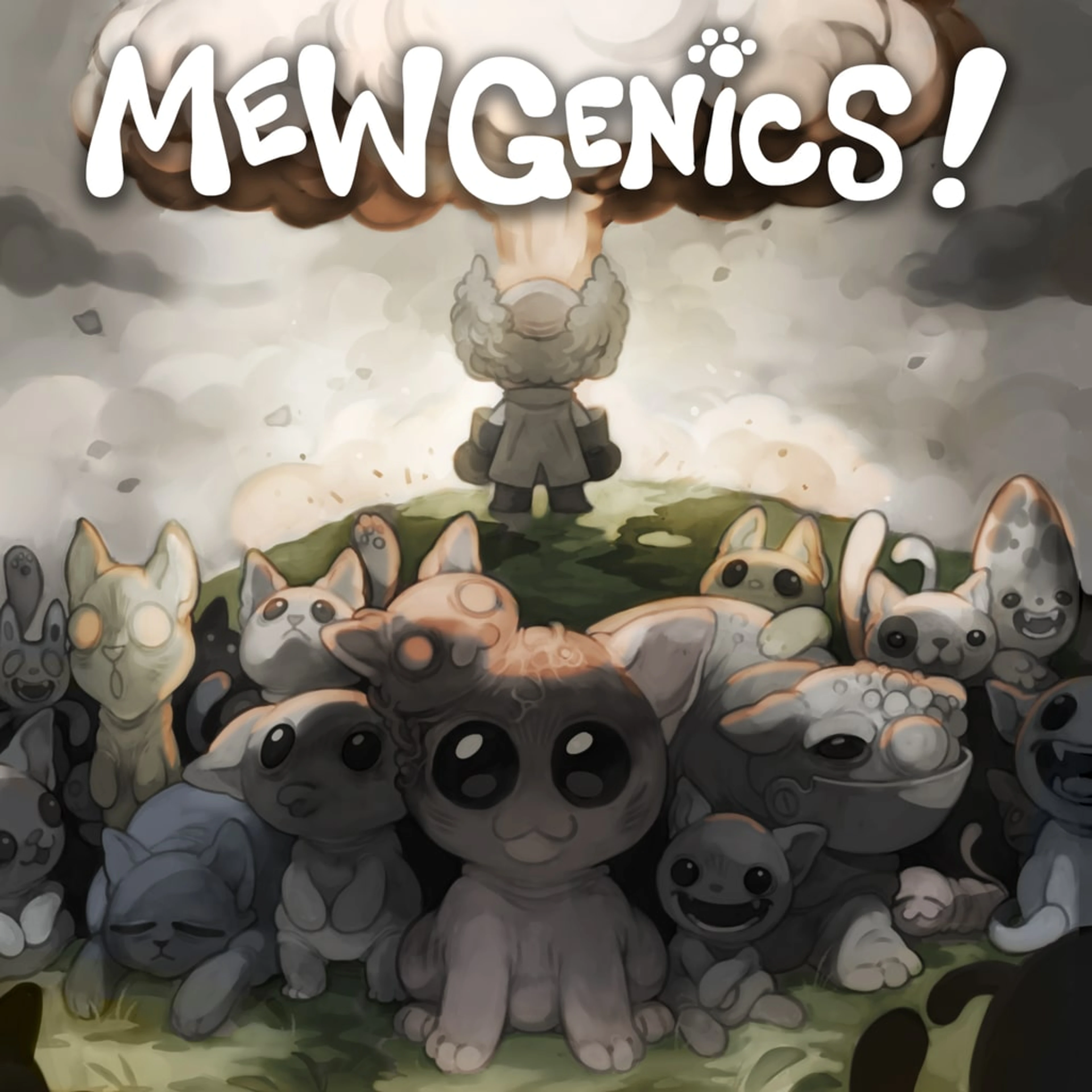 The Mewgenics logo appears above a crowded group of hand-drawn cats in the official key art.