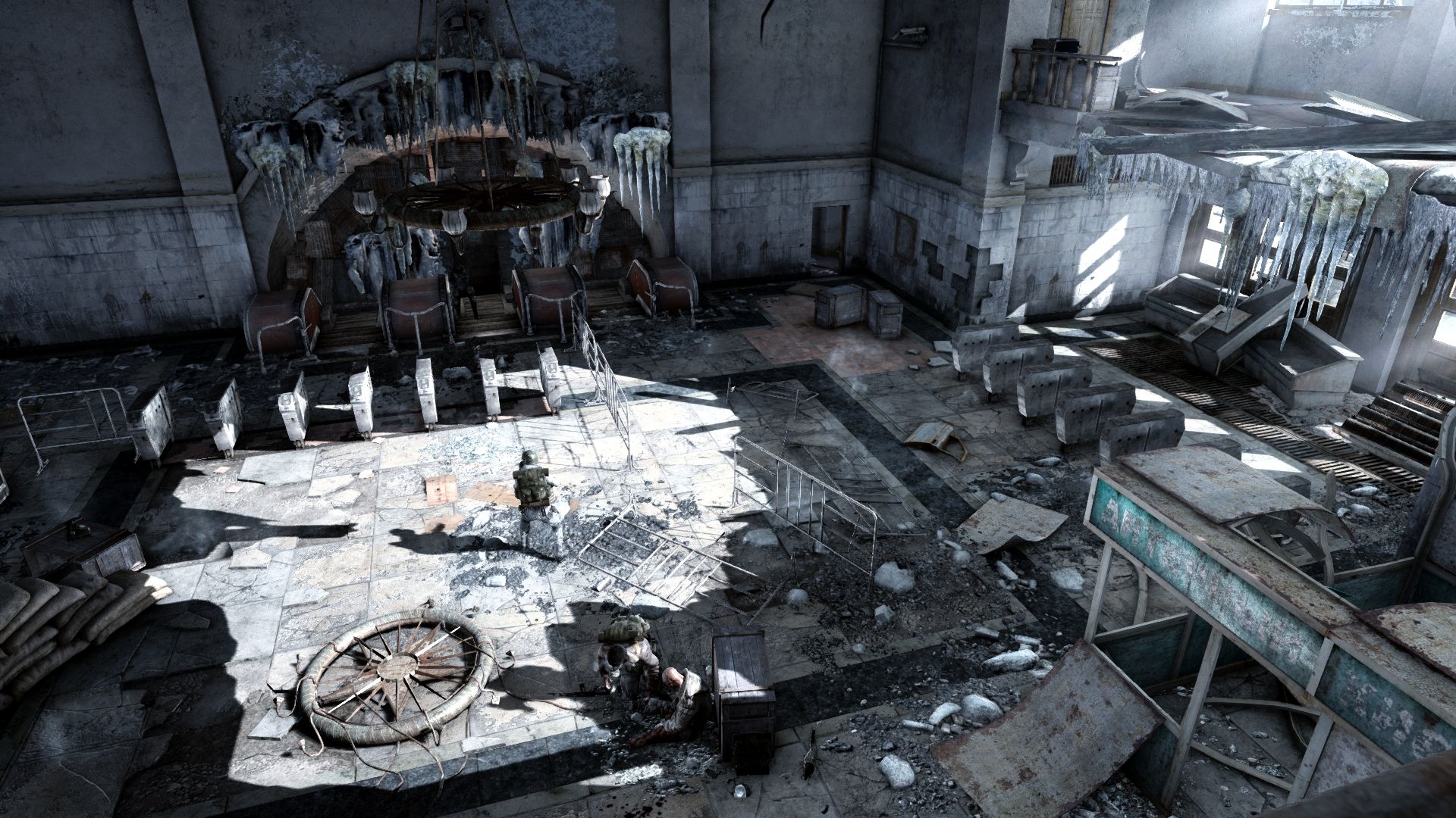 A wrecked room and broken floor appear in Metro 2033 Redux.