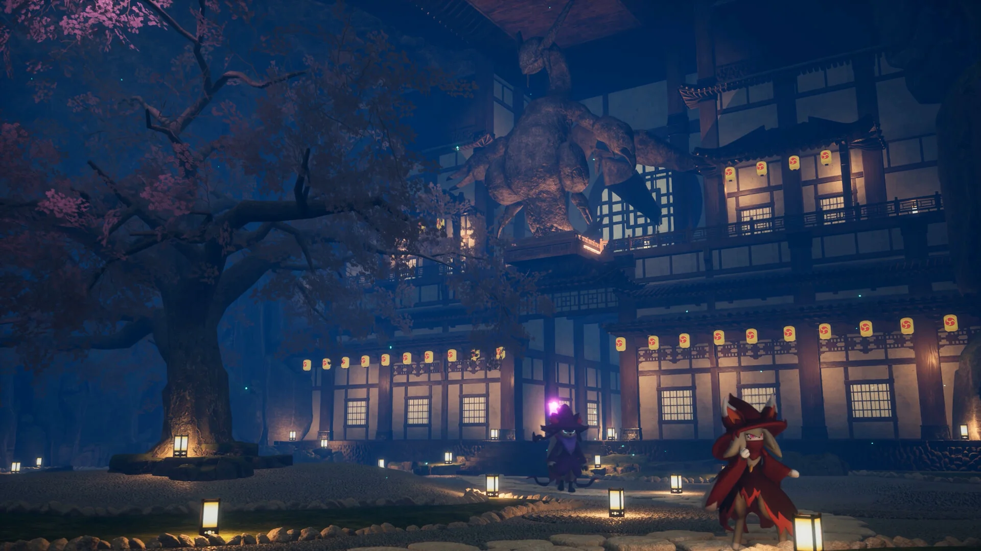 A large multi-level building lit at night in Palworld.