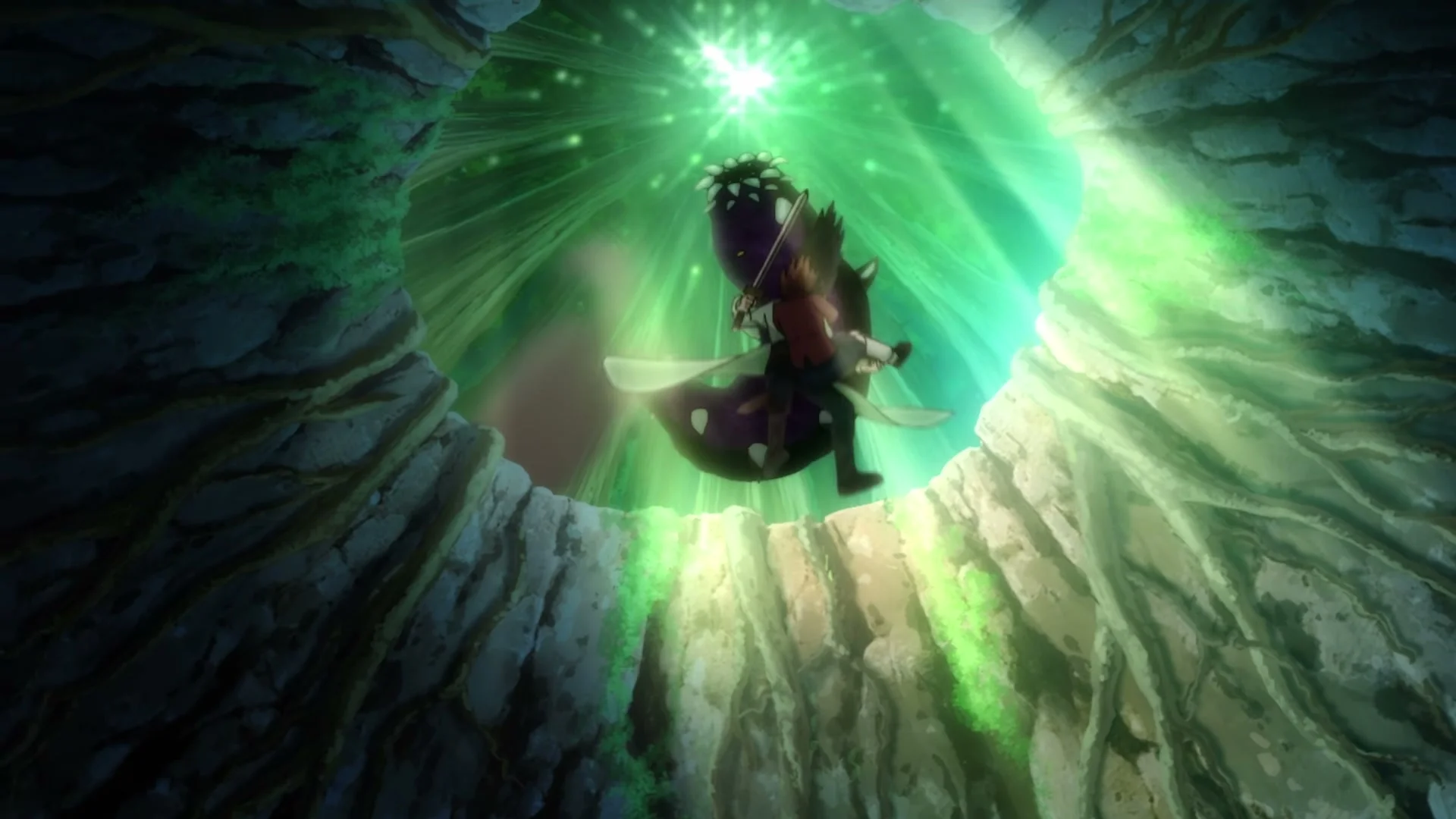 Izark and Noriko fight a creature beneath green light in a cavern in the From Far Away anime trailer.