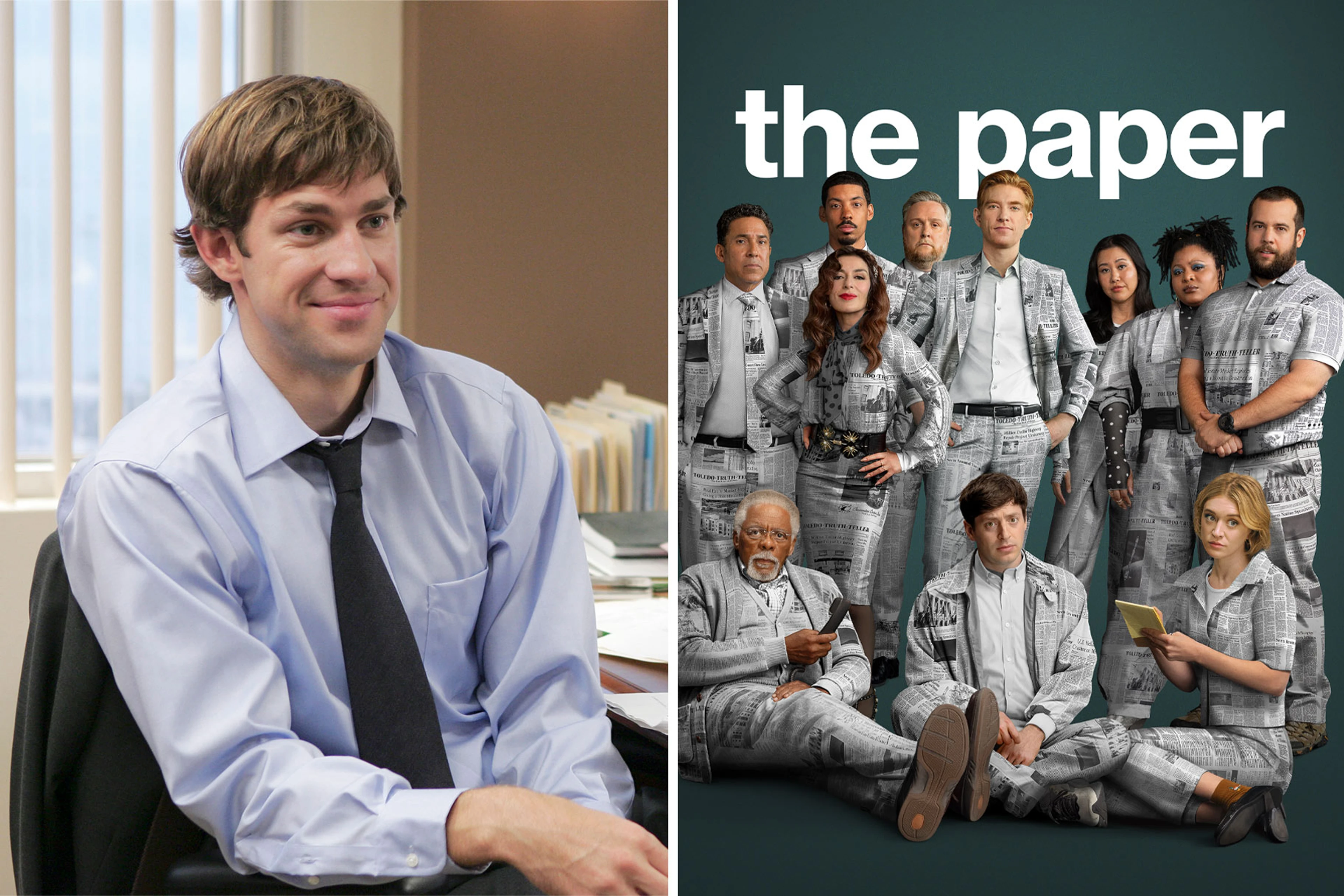 John Krasinski as Jim Halpert beside the cast of The Paper in Peacock artwork.