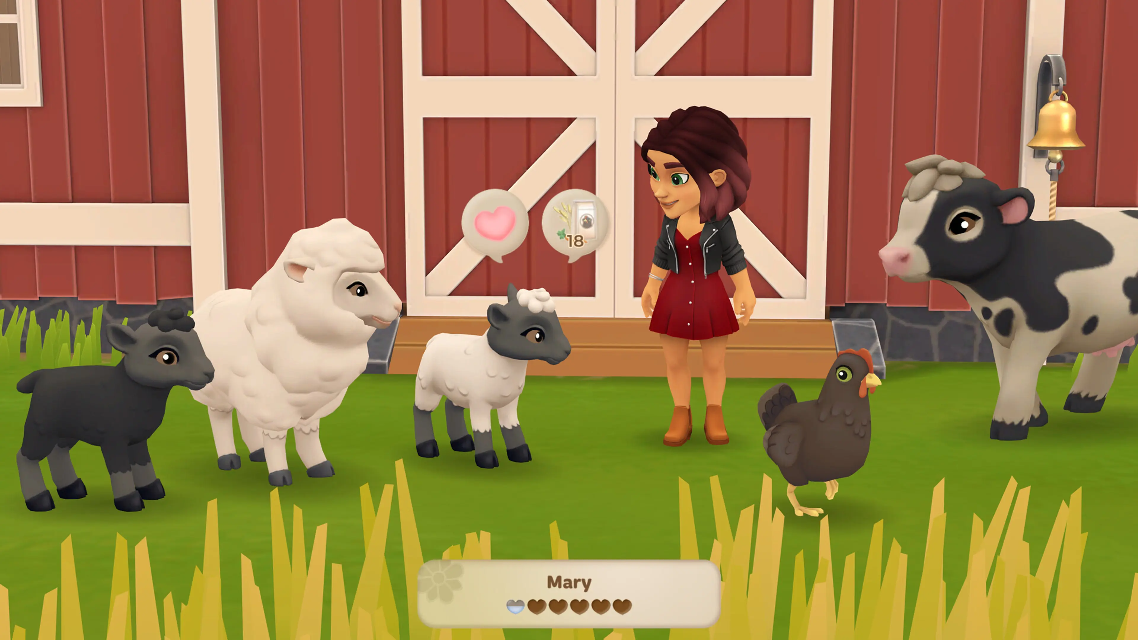 Tara standing with farm animals beside a red barn in Wylde Flowers.