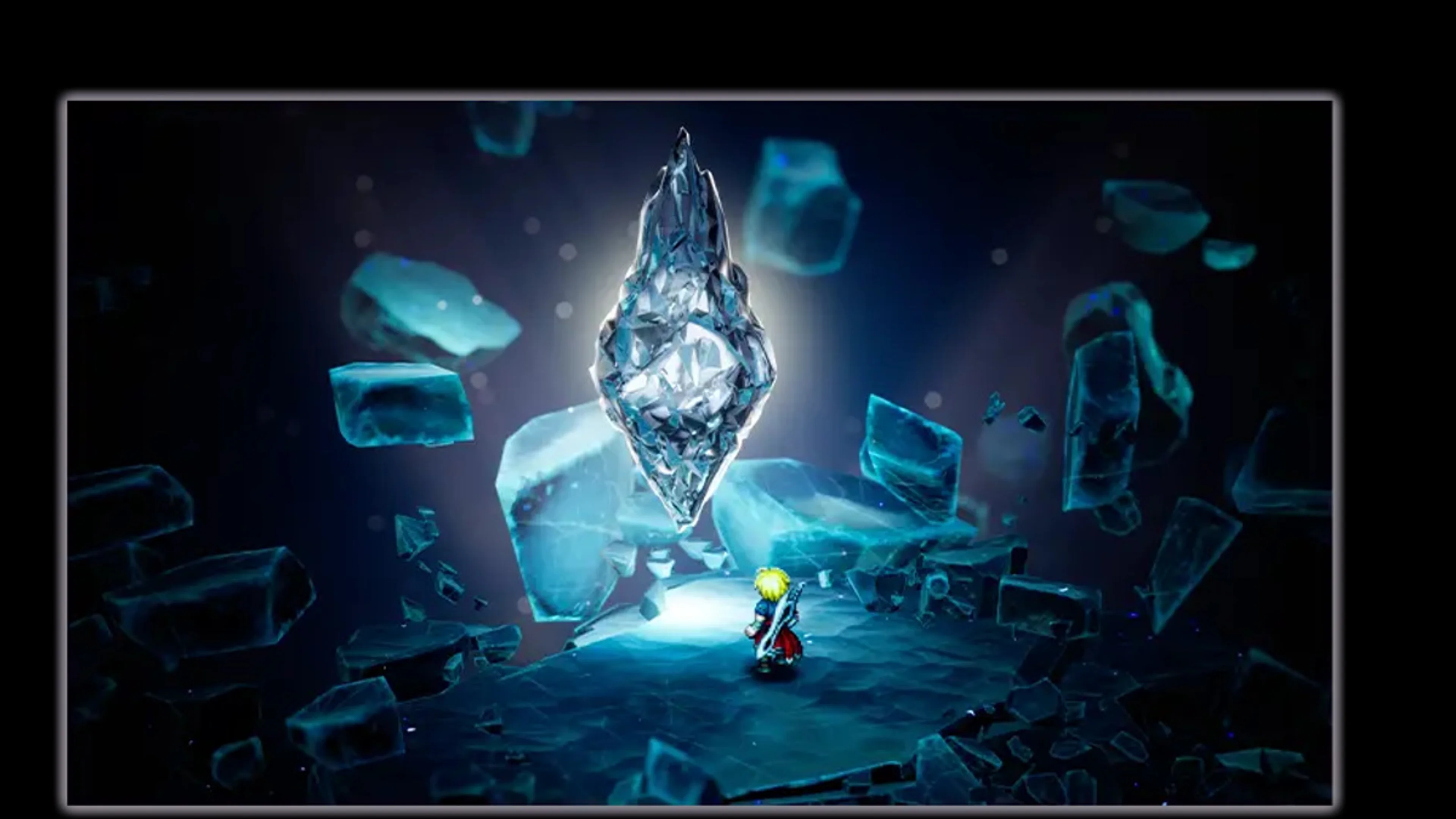 A lone hero stands before a large crystal in a blue, fragmented chamber from Final Fantasy Resonance.