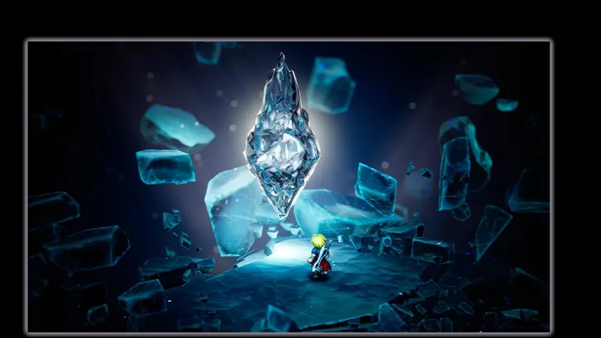 A lone hero stands before a large crystal in a blue, fragmented chamber from Final Fantasy Resonance.