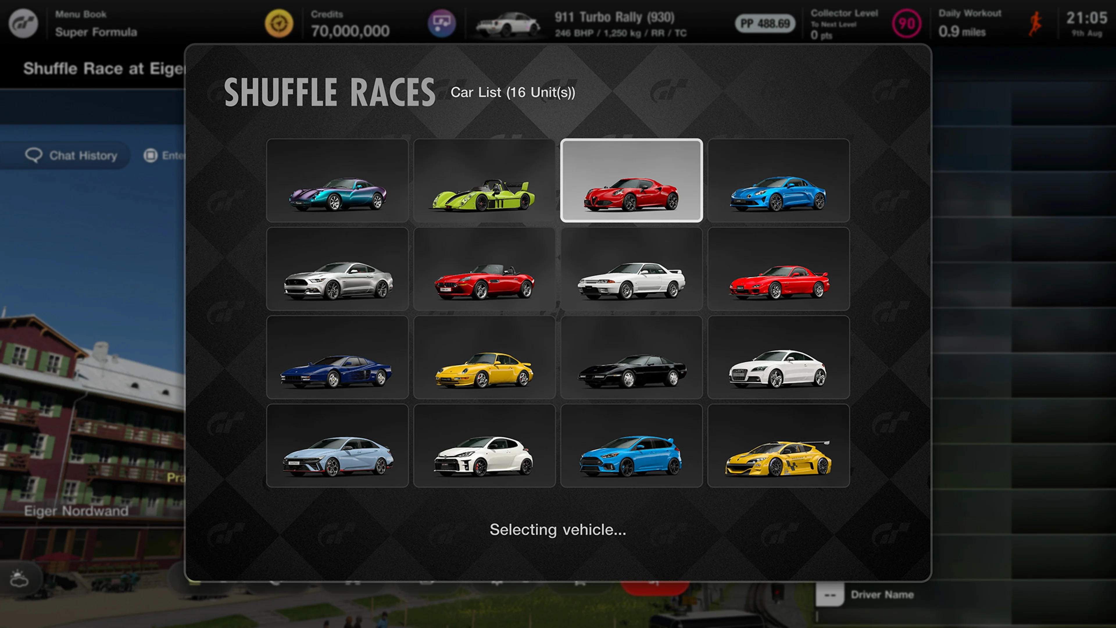A randomized field of cars appears on the Gran Turismo 7 Shuffle Race screen.