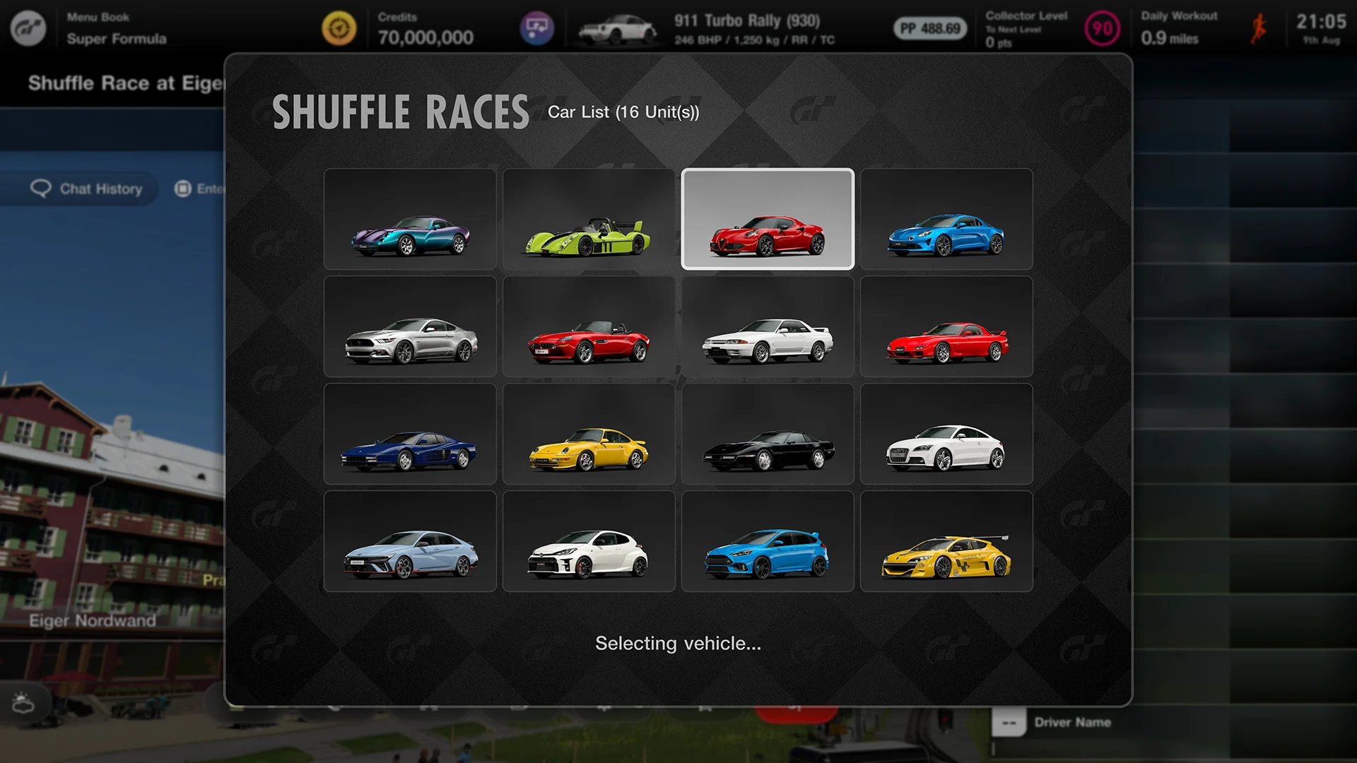 A randomized field of cars appears on the Gran Turismo 7 Shuffle Race screen.