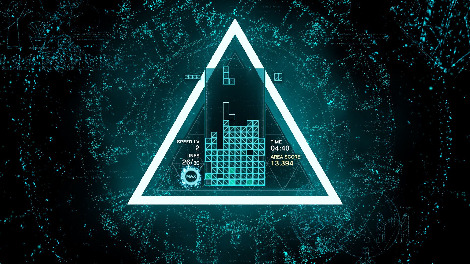 A Tetris playfield sits in a vivid triangular light pattern.