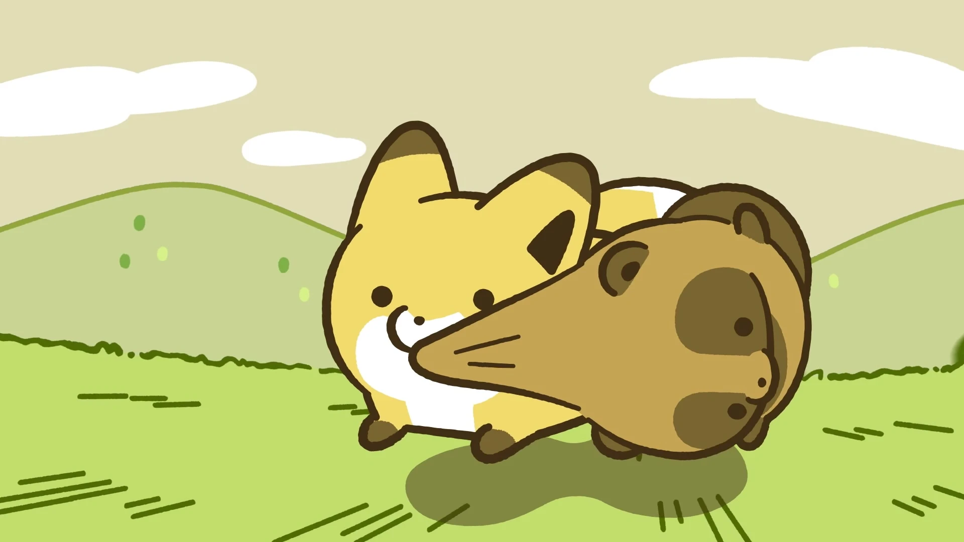 The cartoon fox and raccoon dog lean together against a green hillside.