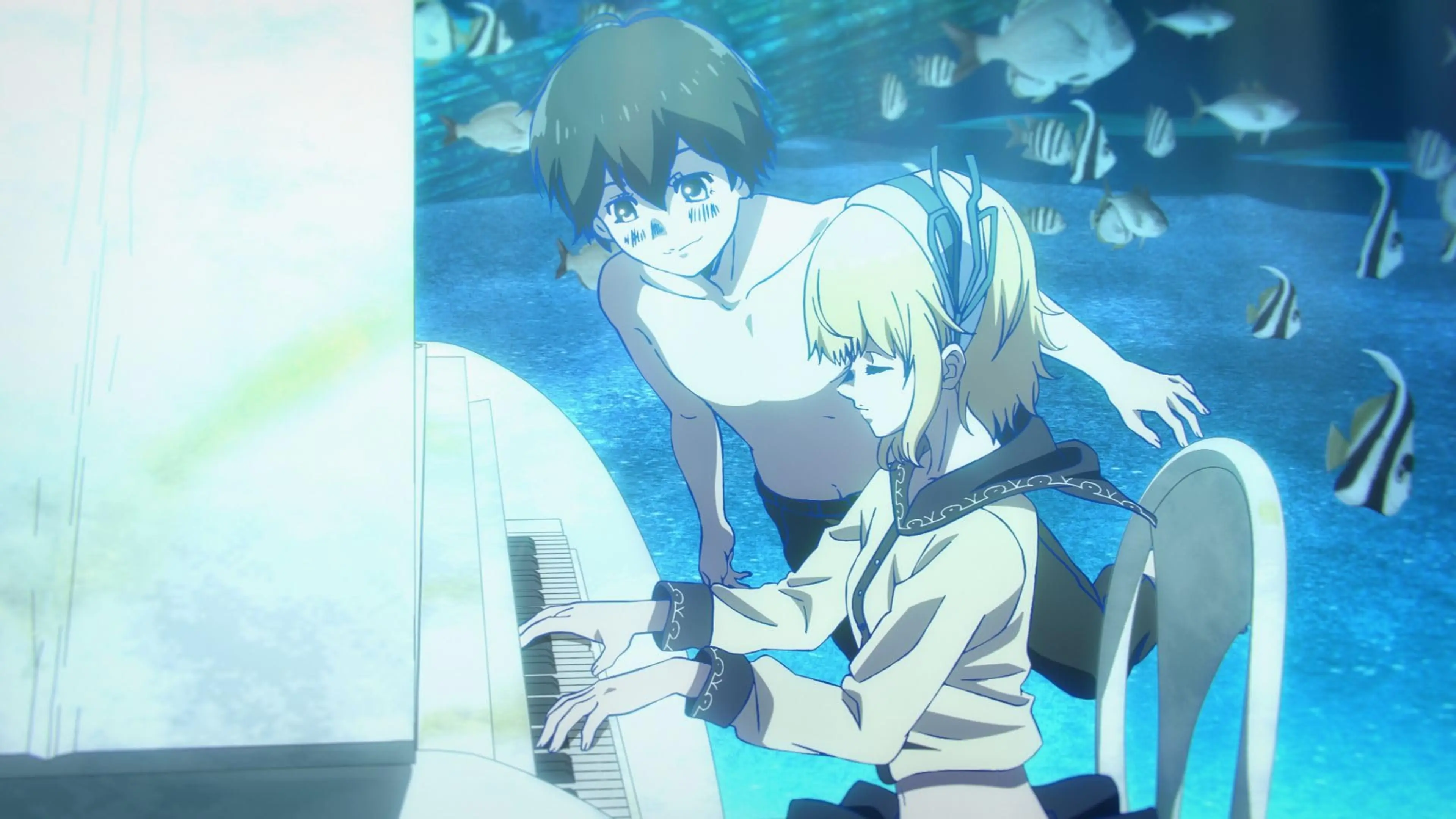 A boy and a mermaid at an underwater piano in Tatsuki Fujimoto 17-26.