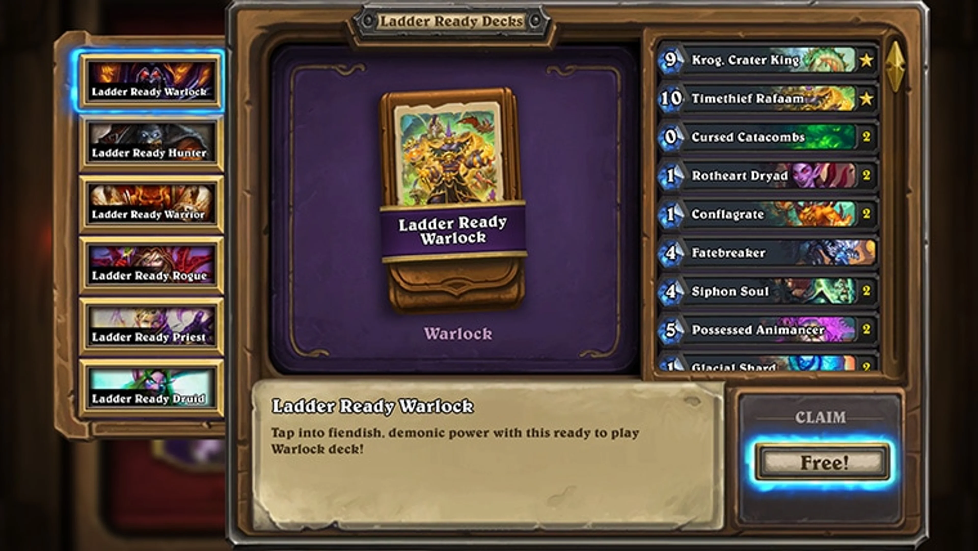 Official 2026 Ladder Ready Deck screen: six deck choices appear in a left column, one deck is selected in the center, its card list appears at right, and a Claim Free button is at lower right.
