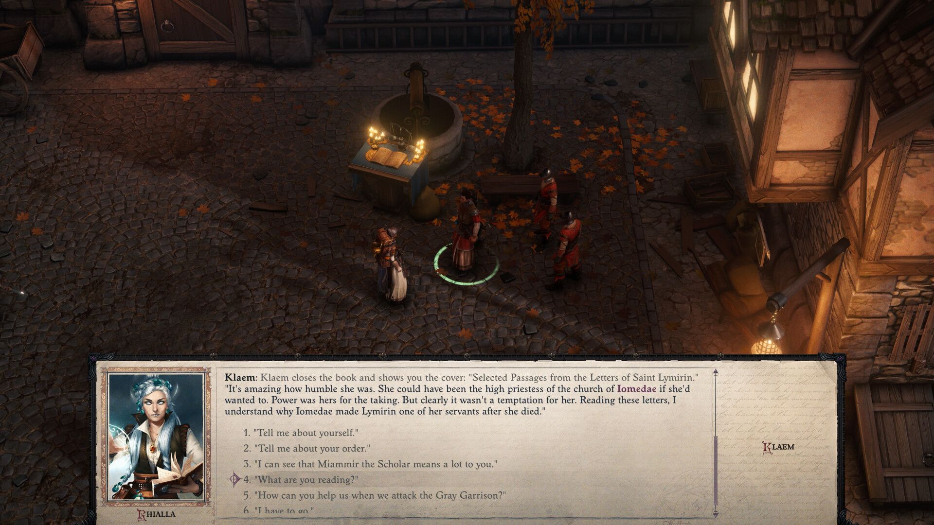 A conversation panel gives the player several dialogue choices beside the party.