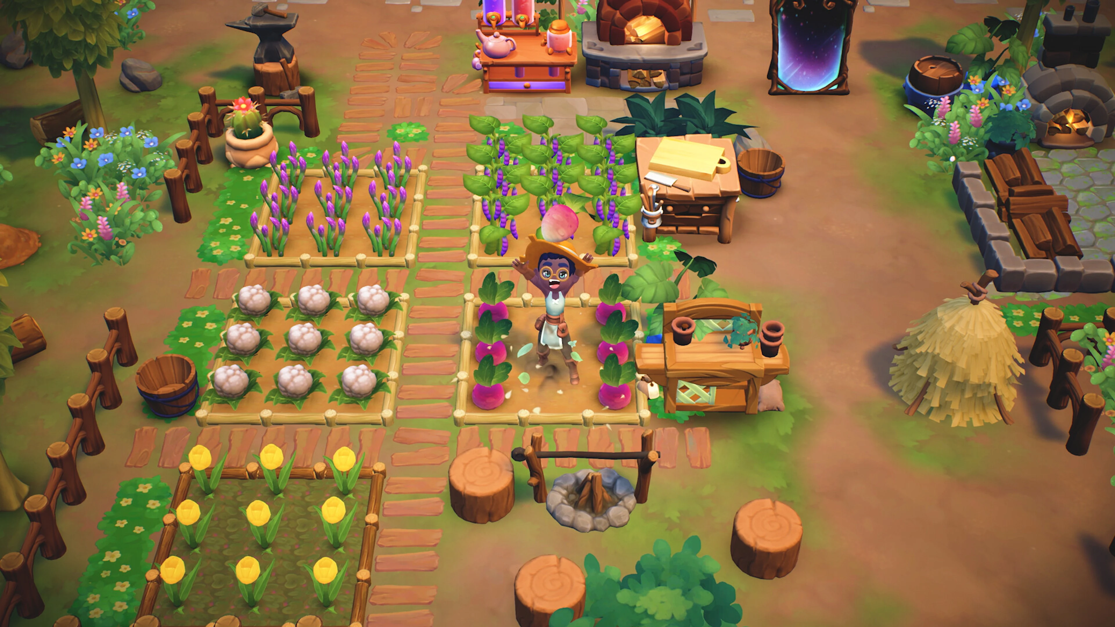 Crops, crafting equipment and decorations on a Fae Farm homestead.